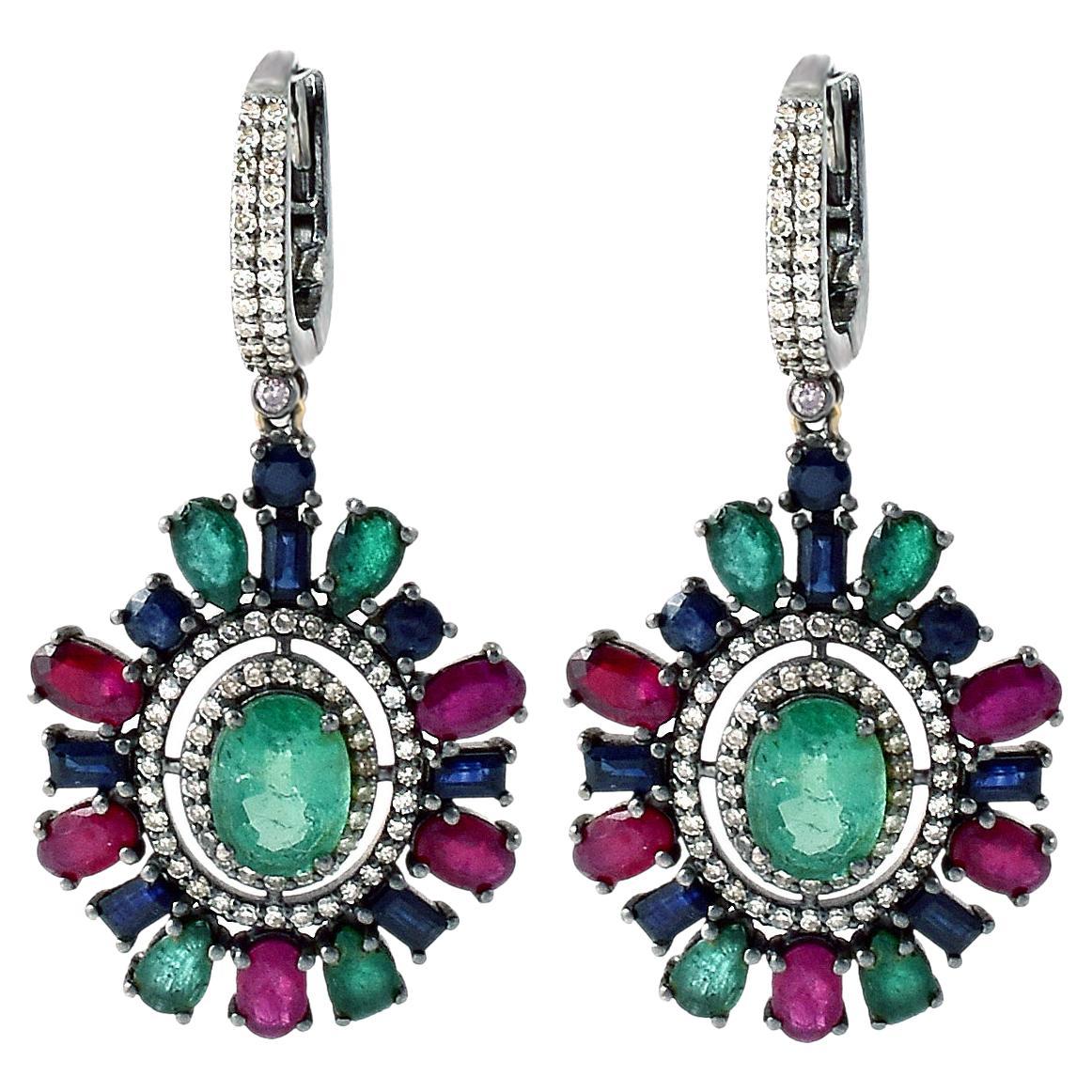 Art-Deco Style Diamond, Ruby, Sapphire, and Natural Emerald Drop Earrings