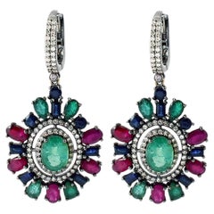 Art-Deco Style Diamond, Ruby, Sapphire, and Natural Emerald Drop Earrings