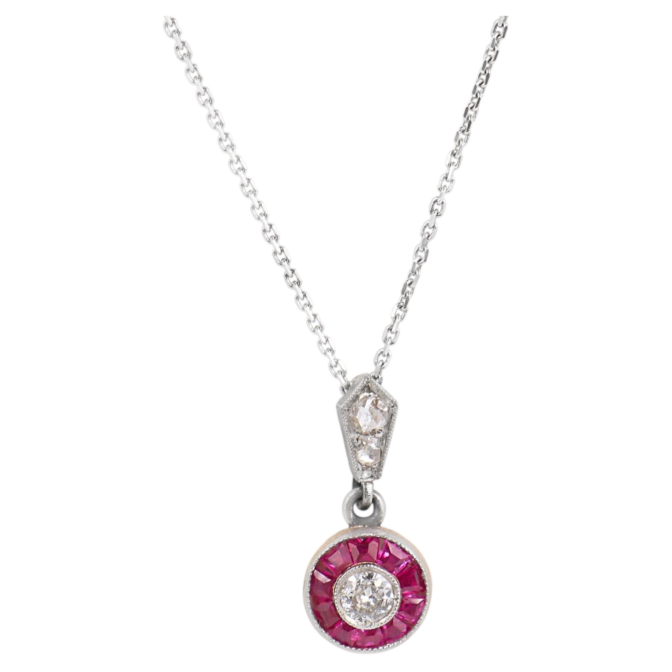 Art Deco style diamond ruby target platinum 14k white gold pendant necklace