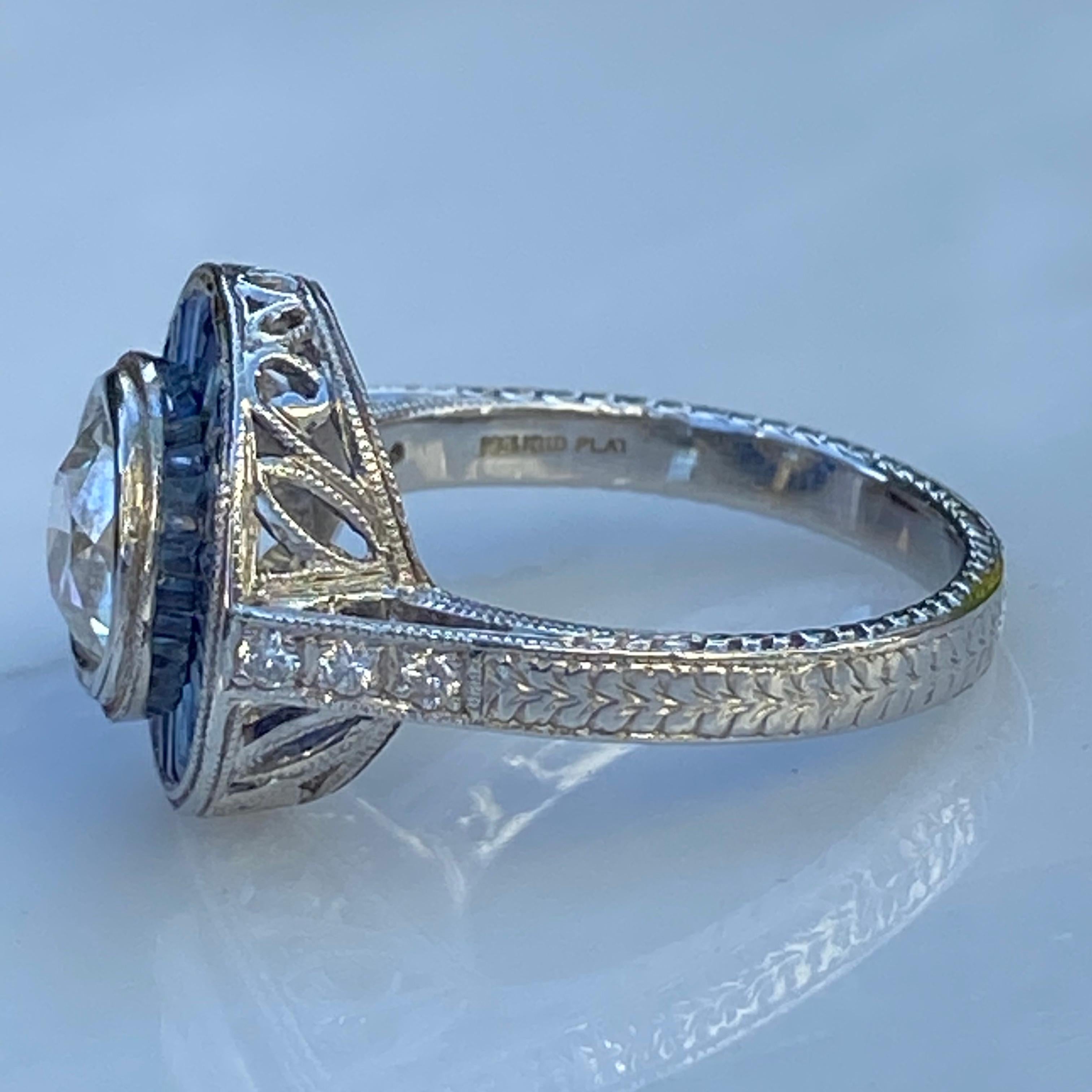 Art Deco Style Diamond & Sapphire 1.38 Carat Platinum Ring For Sale 5