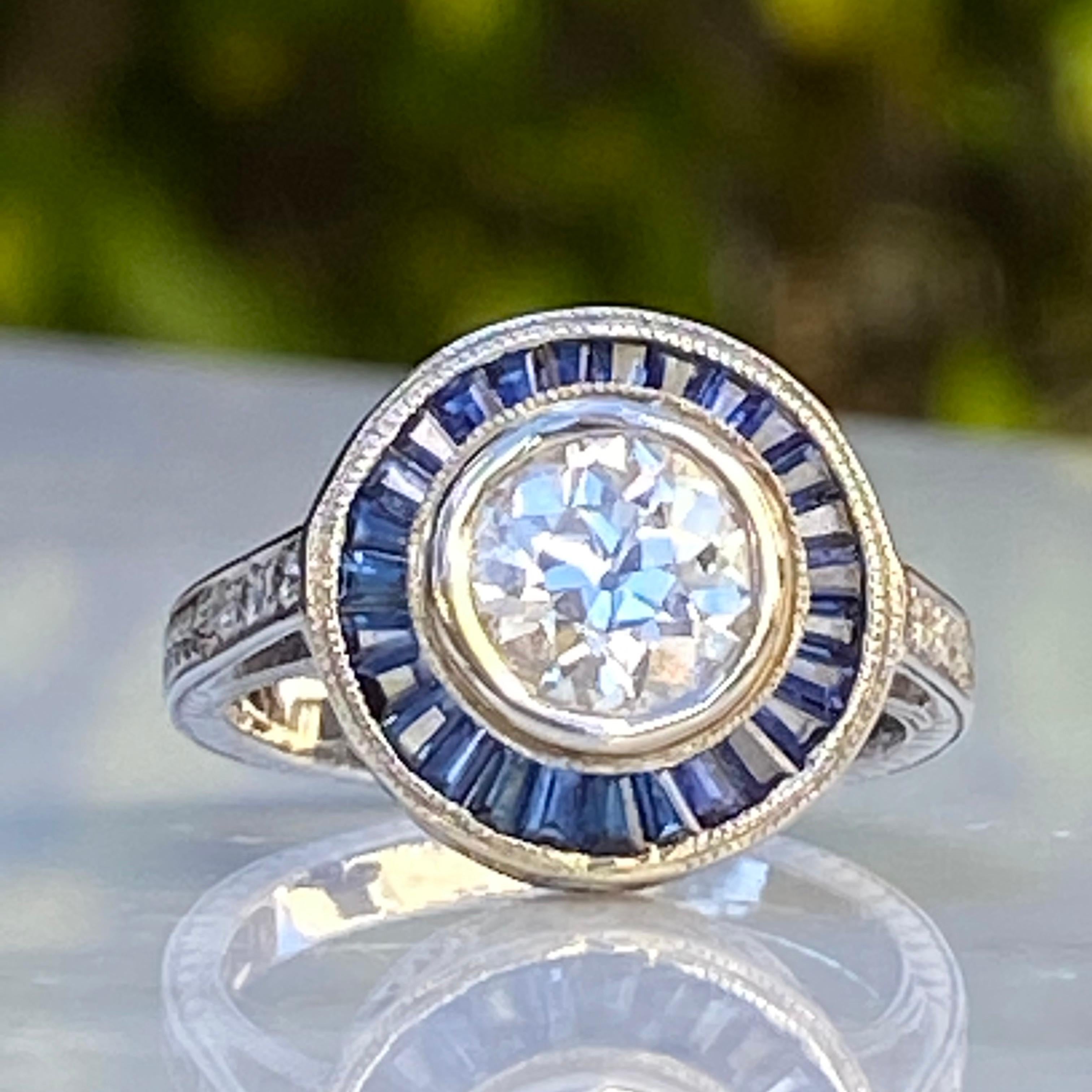 Old European Cut Art Deco Style Diamond & Sapphire 1.38 Carat Platinum Ring For Sale