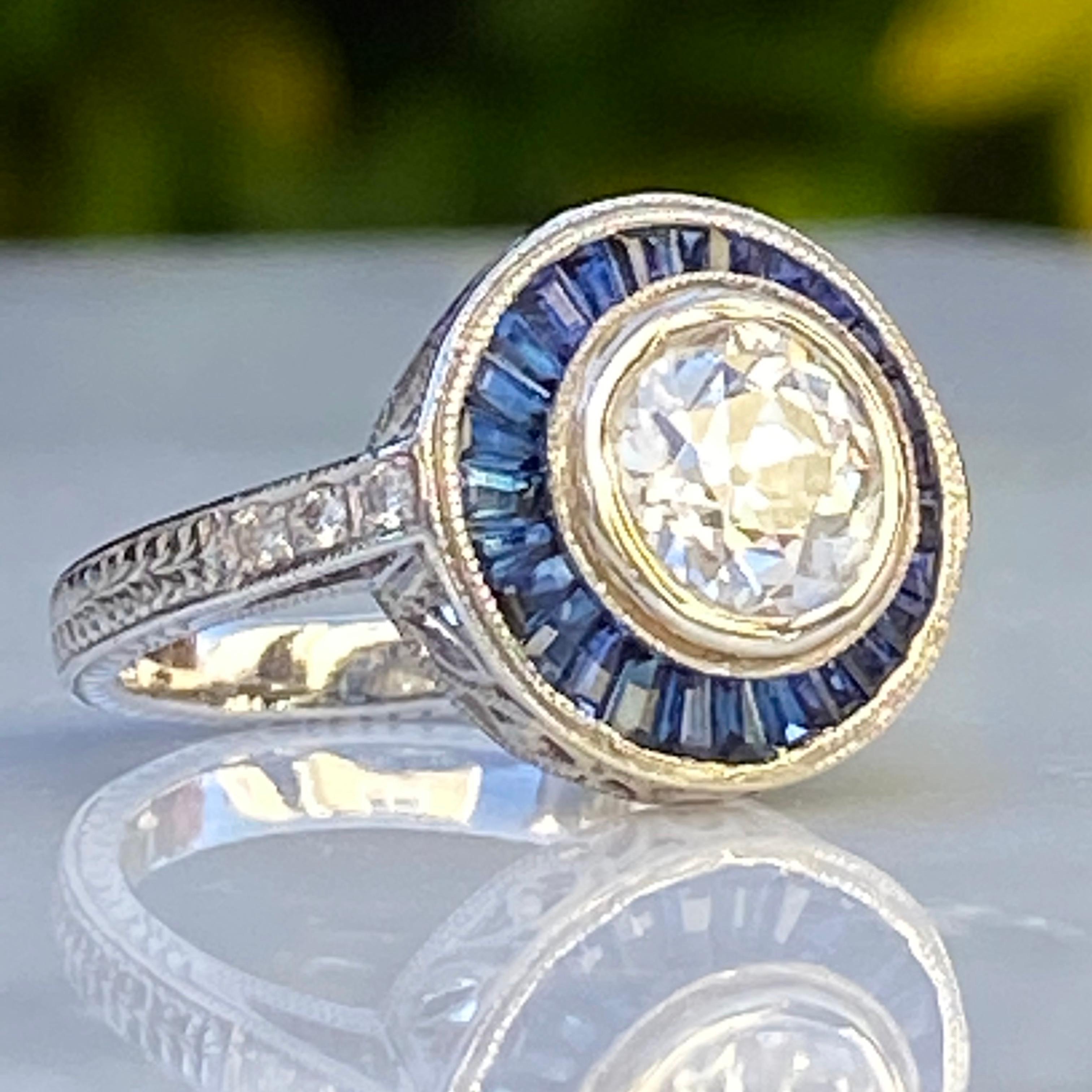 Art Deco Style Diamond & Sapphire 1.38 Carat Platinum Ring In Excellent Condition For Sale In Scotts Valley, CA