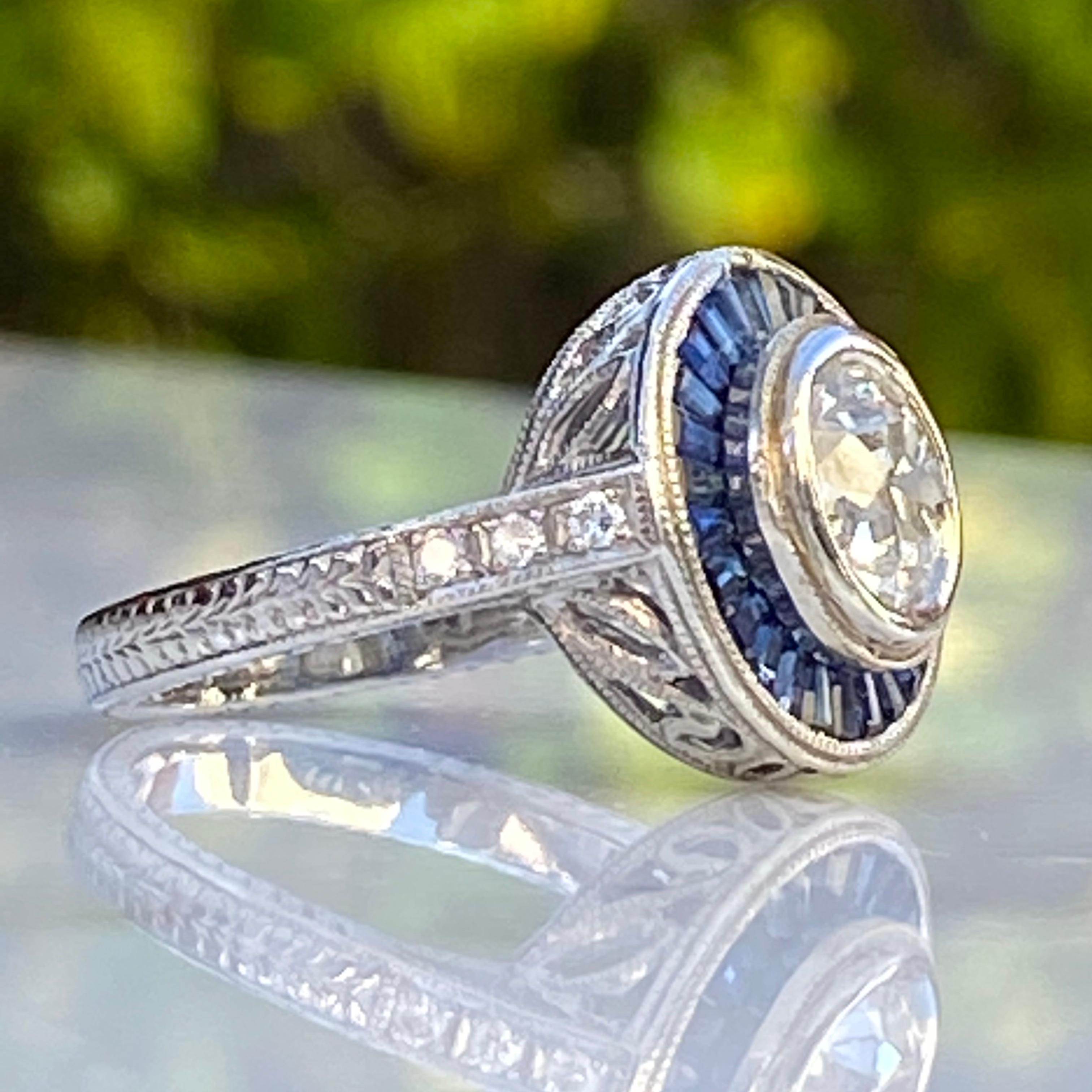 Women's Art Deco Style Diamond & Sapphire 1.38 Carat Platinum Ring For Sale