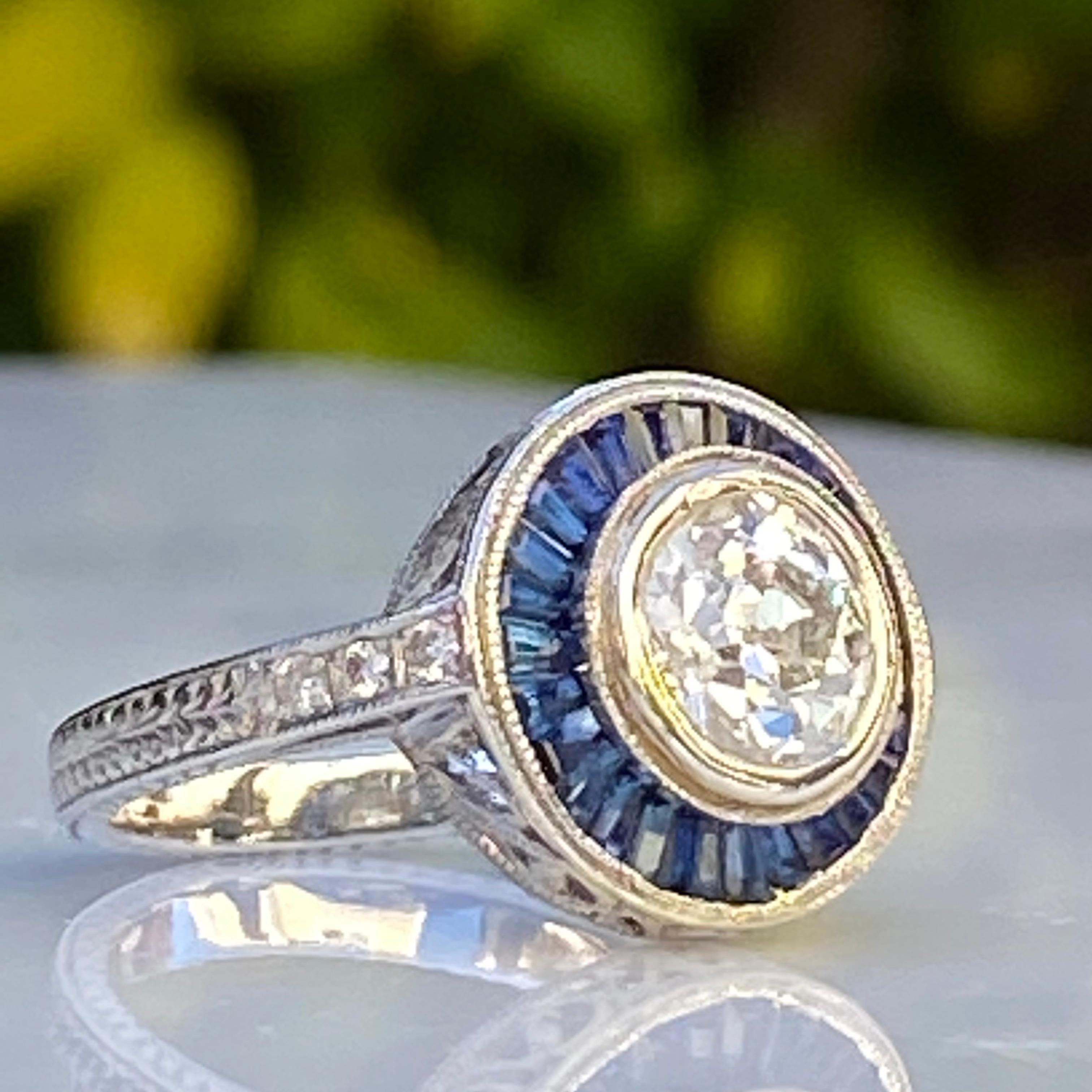 Art Deco Style Diamond & Sapphire 1.38 Carat Platinum Ring For Sale 1