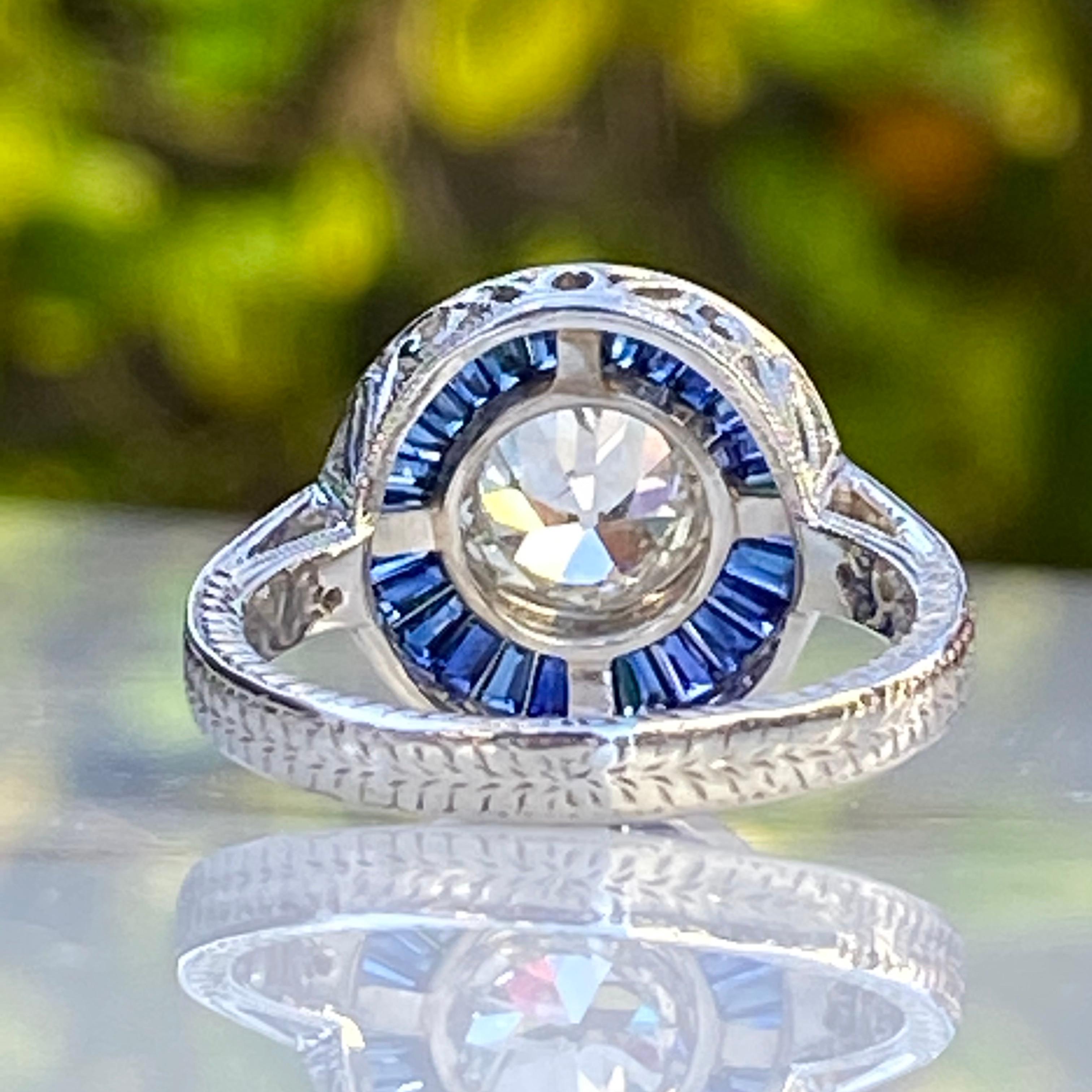 Art Deco Style Diamond & Sapphire 1.38 Carat Platinum Ring For Sale 4