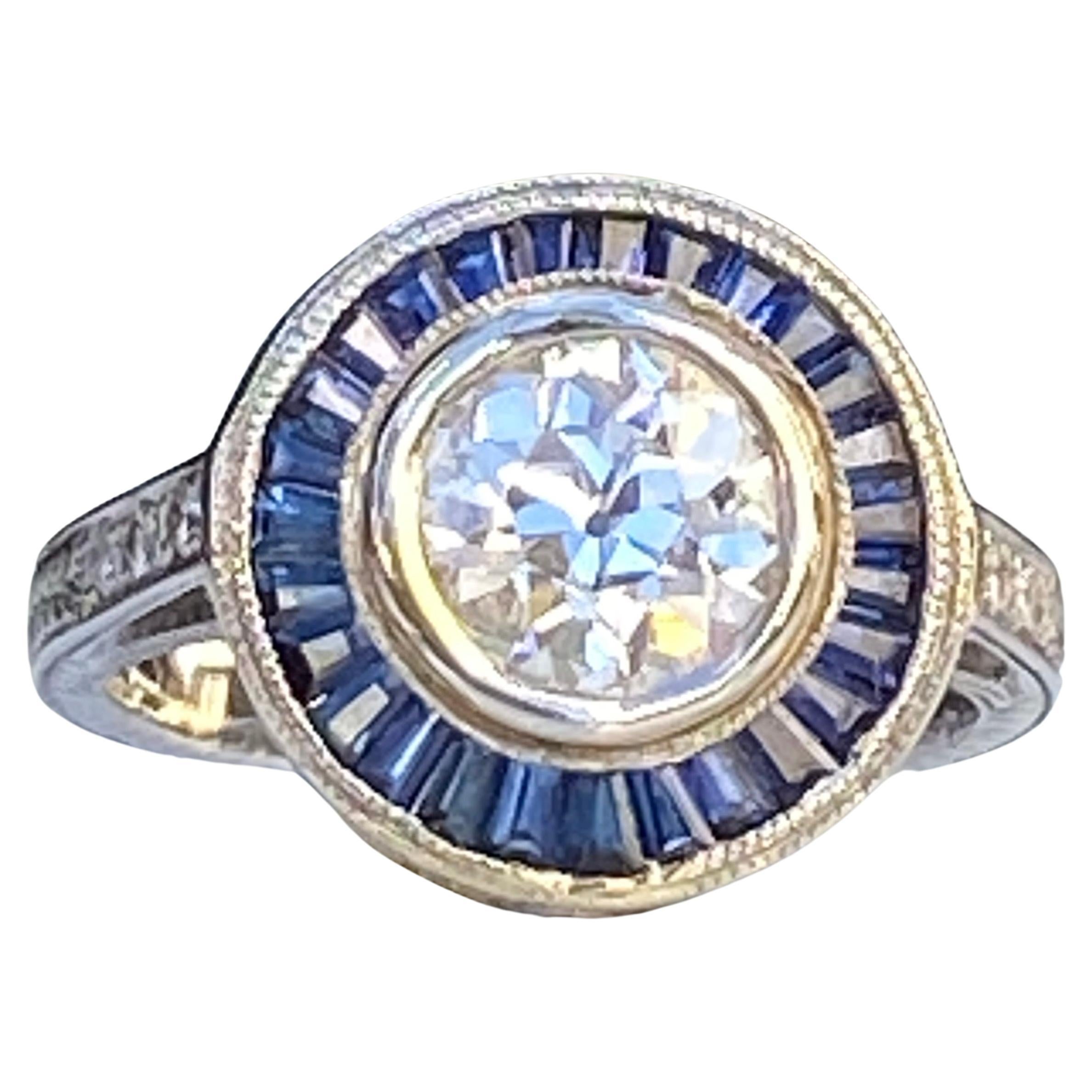 Art Deco Style Diamond & Sapphire 1.38 Carat Platinum Ring For Sale