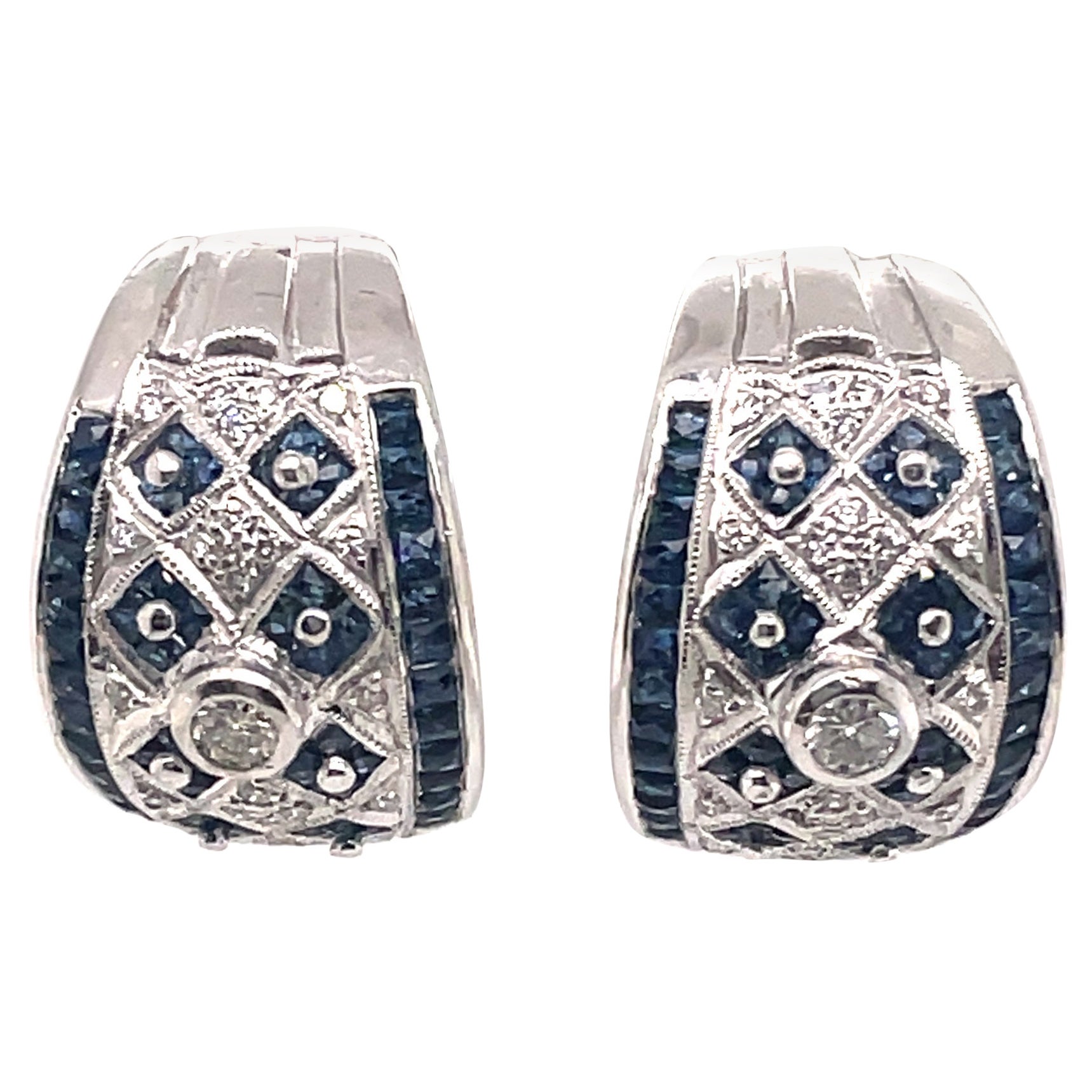 Pendientes de diamantes y zafiros de oro blanco de 18k estilo Art Déco