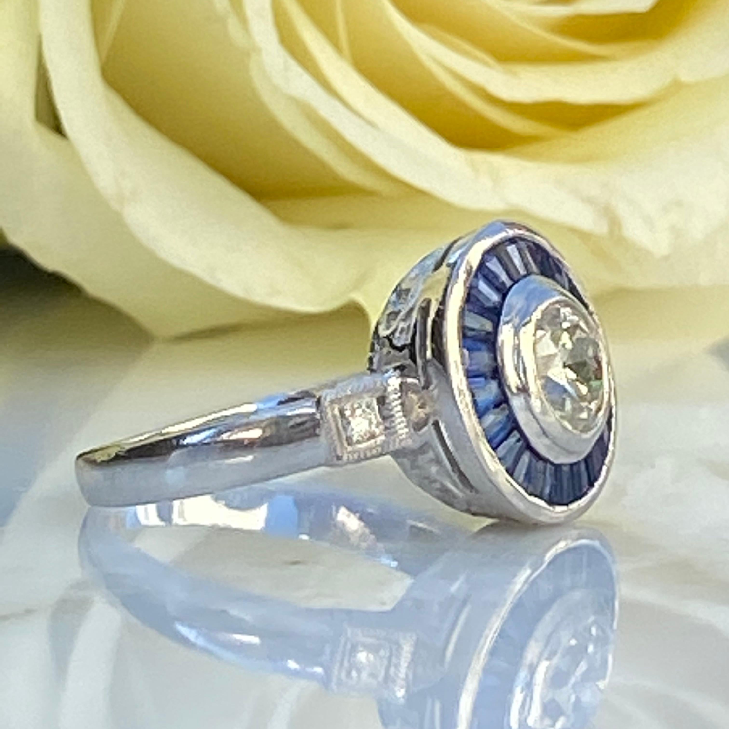 Art Deco Style Diamond & Sapphire .73 Carat Platinum Ring For Sale 4