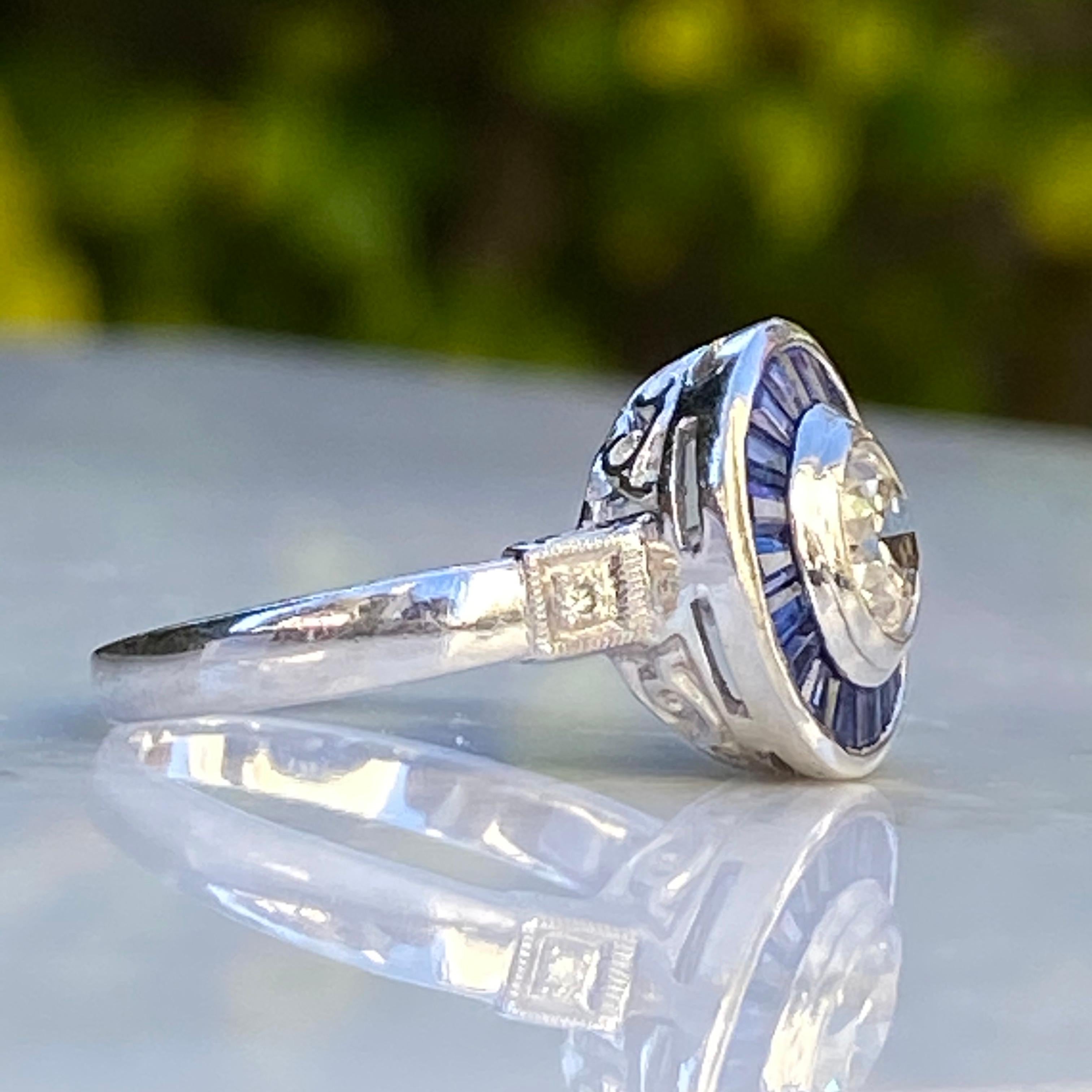 Art Deco Style Diamond & Sapphire .73 Carat Platinum Ring For Sale 7