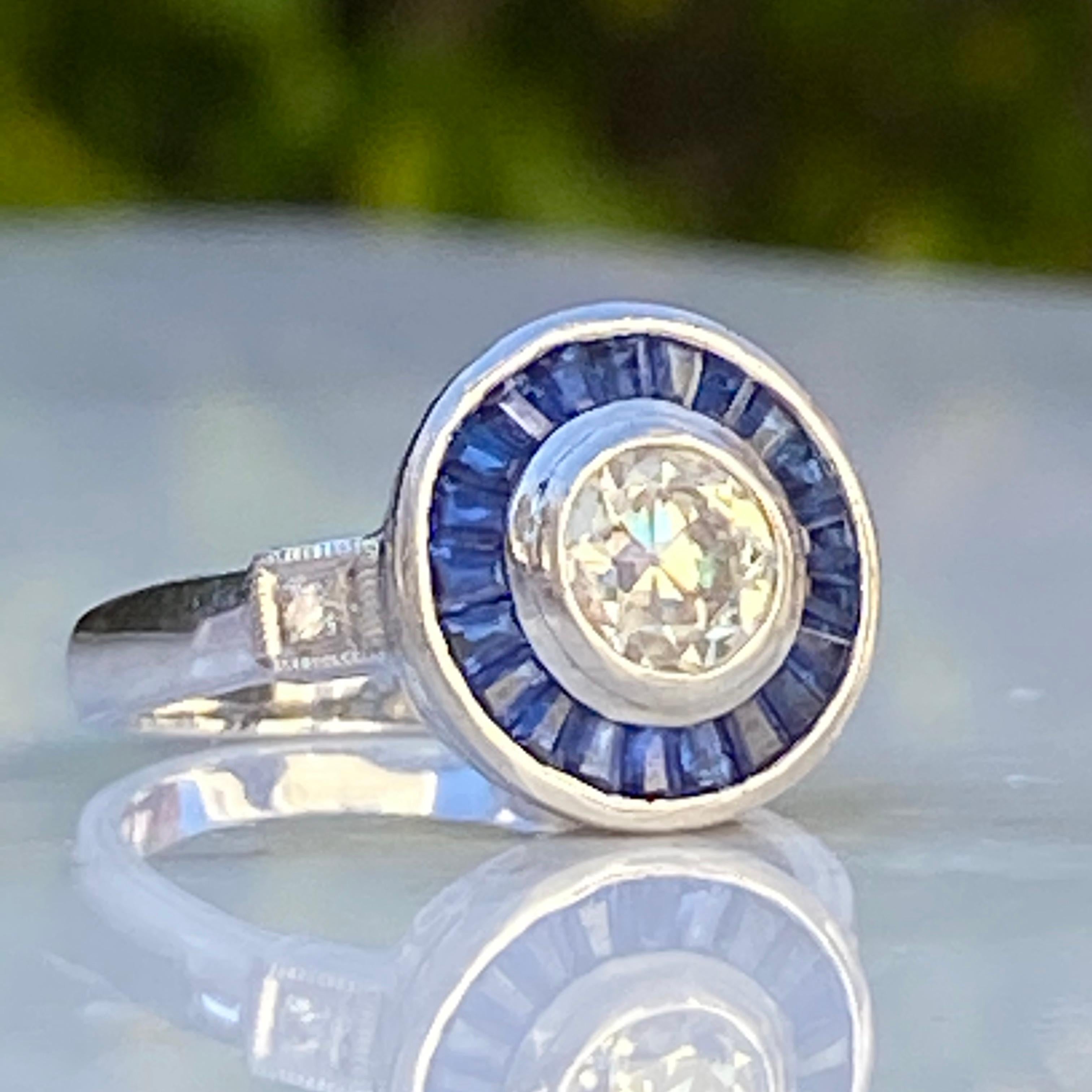 Art Deco Style Diamond & Sapphire .73 Carat Platinum Ring For Sale 9