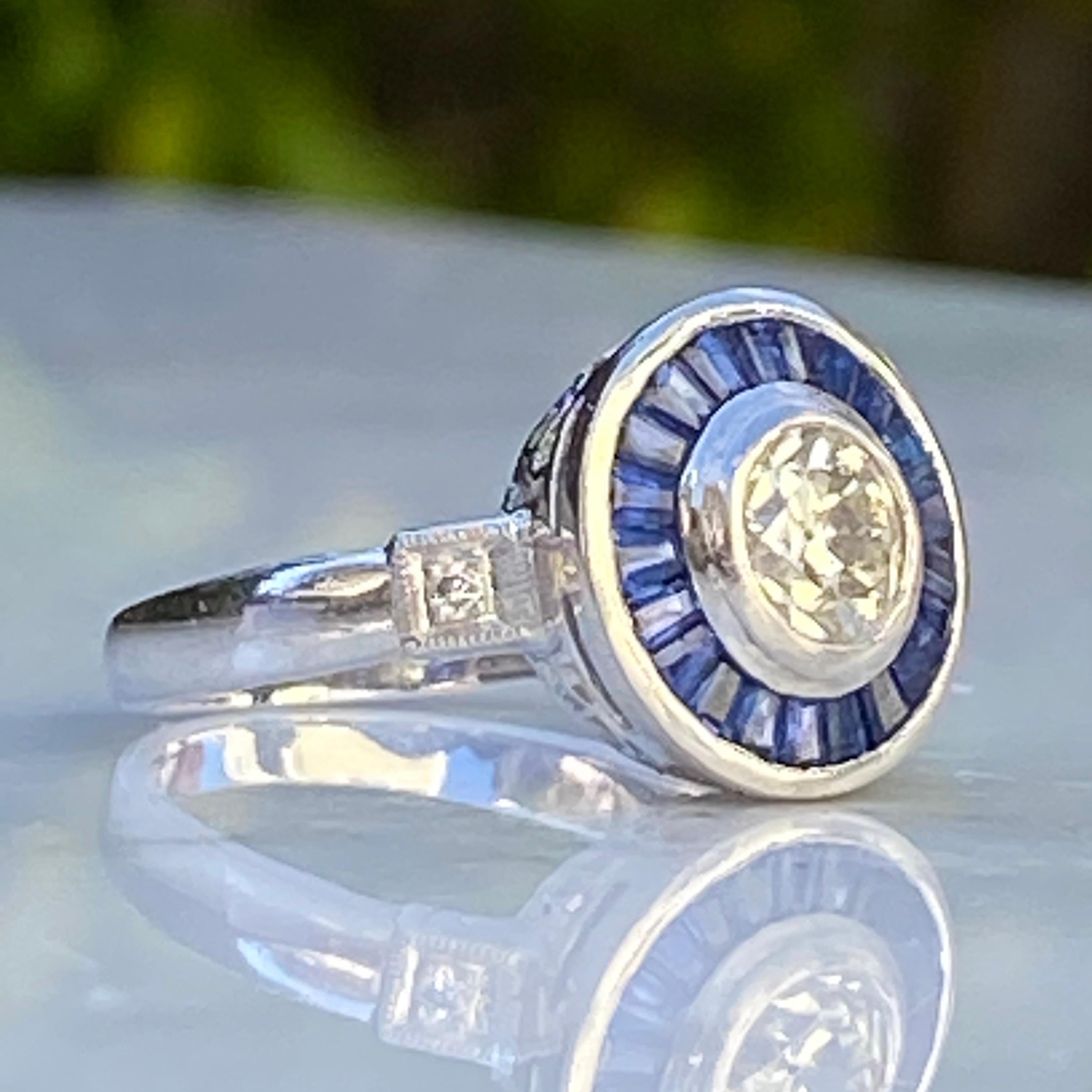Art Deco Style Diamond & Sapphire .73 Carat Platinum Ring For Sale 10