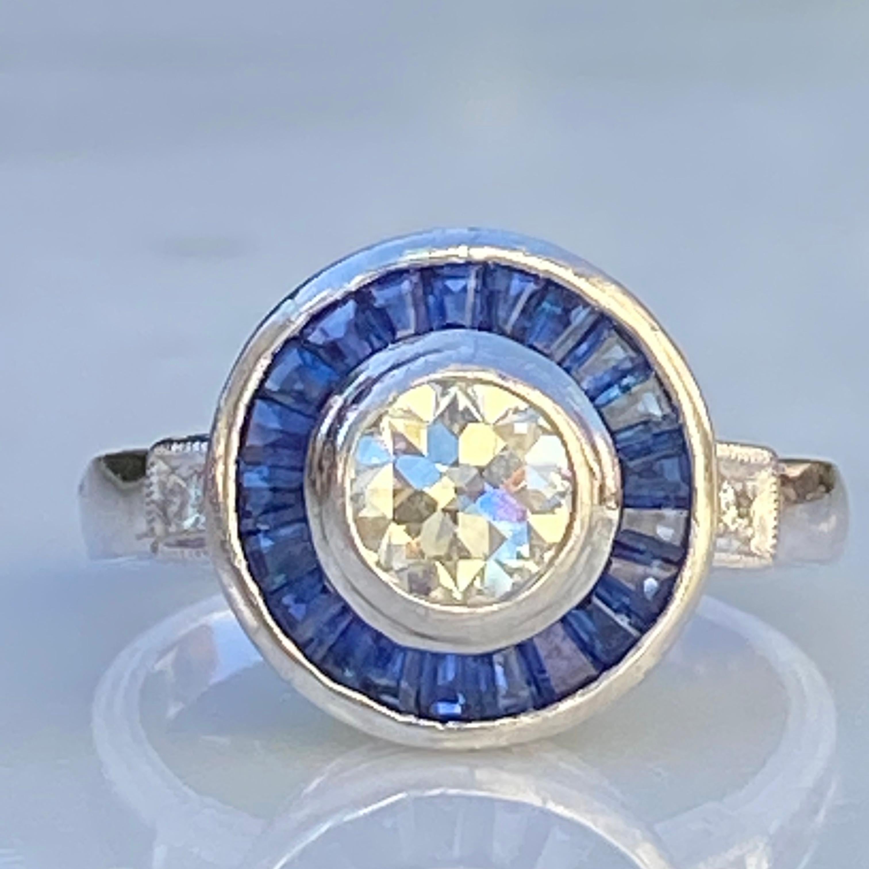 Art Deco Style Diamond & Sapphire .73 Carat Platinum Ring For Sale 11