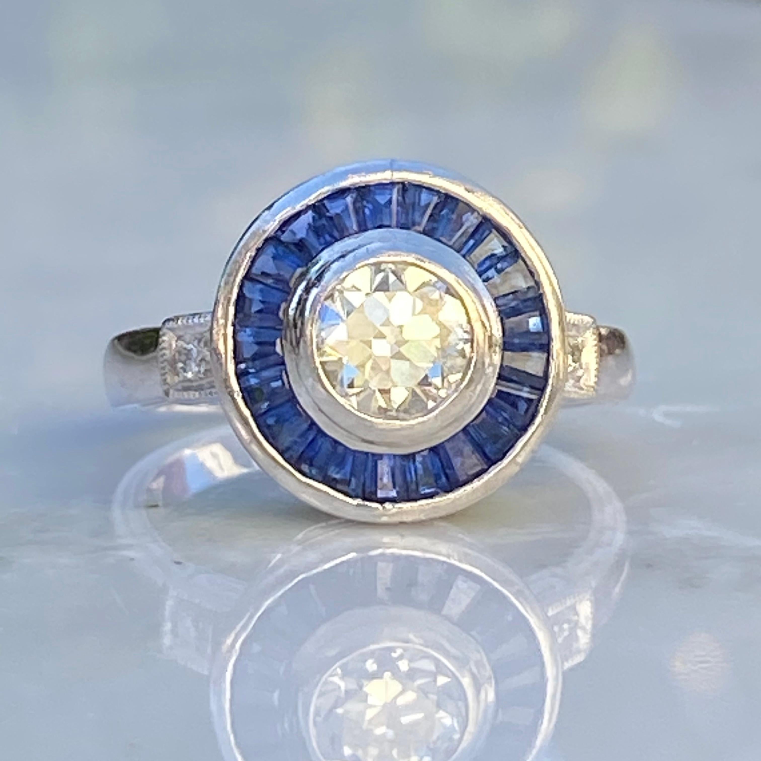 Art Deco Style Diamond & Sapphire .73 Carat Platinum Ring In Excellent Condition For Sale In Scotts Valley, CA