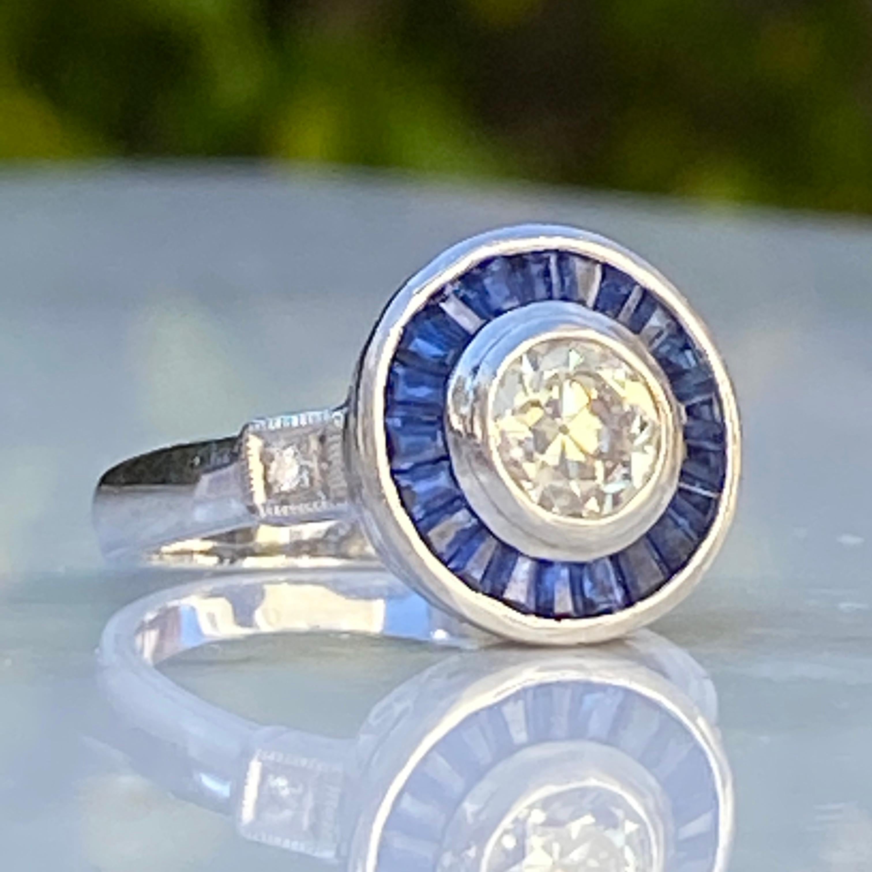 Women's Art Deco Style Diamond & Sapphire .73 Carat Platinum Ring For Sale