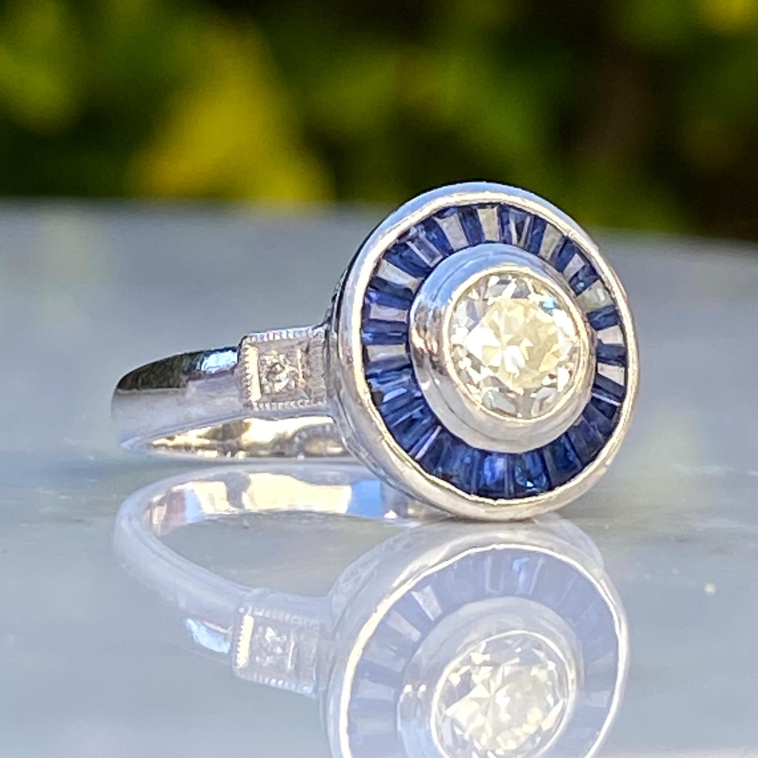 Art Deco Style Diamond & Sapphire .73 Carat Platinum Ring For Sale 1