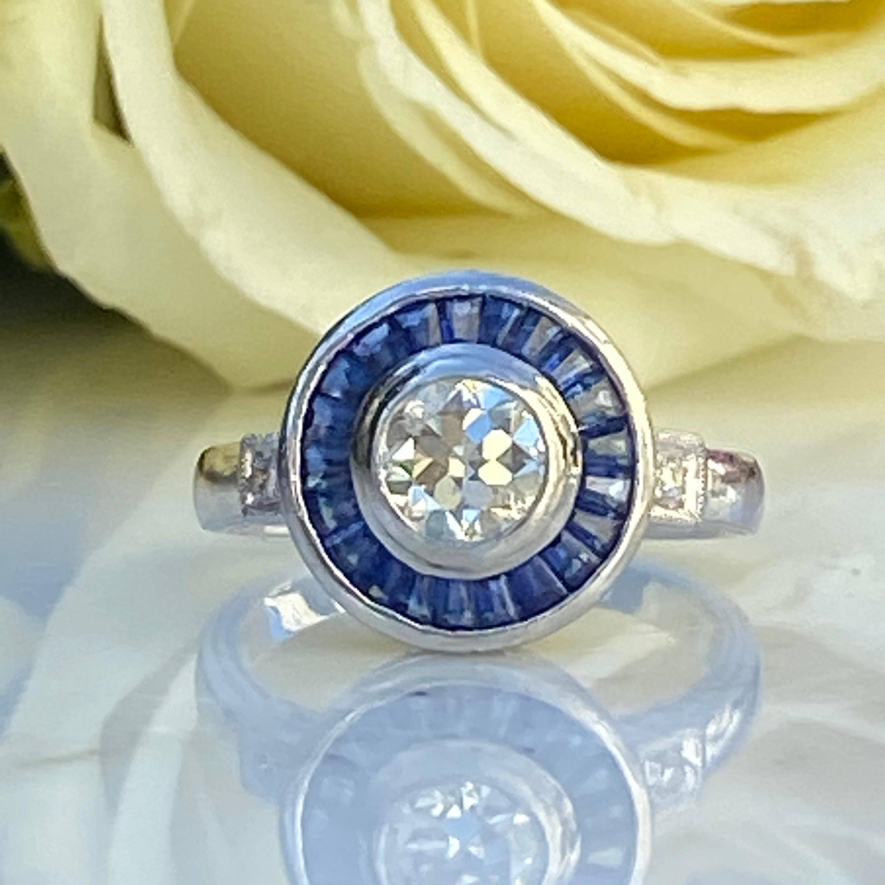 Art Deco Style Diamond & Sapphire .73 Carat Platinum Ring For Sale 2