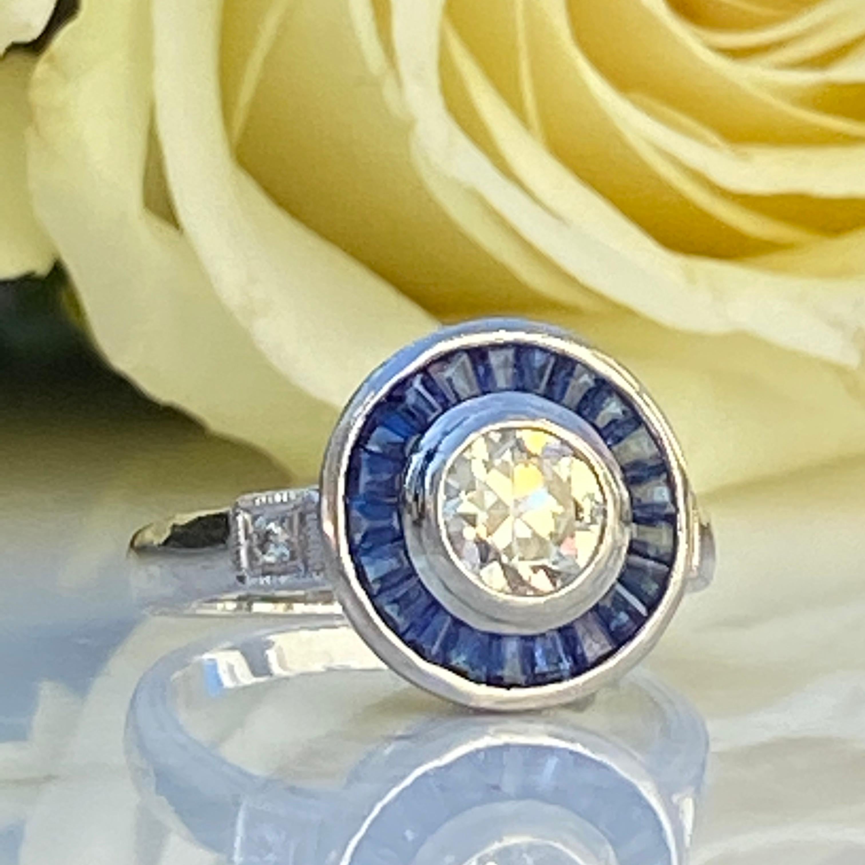 Art Deco Style Diamond & Sapphire .73 Carat Platinum Ring For Sale 3