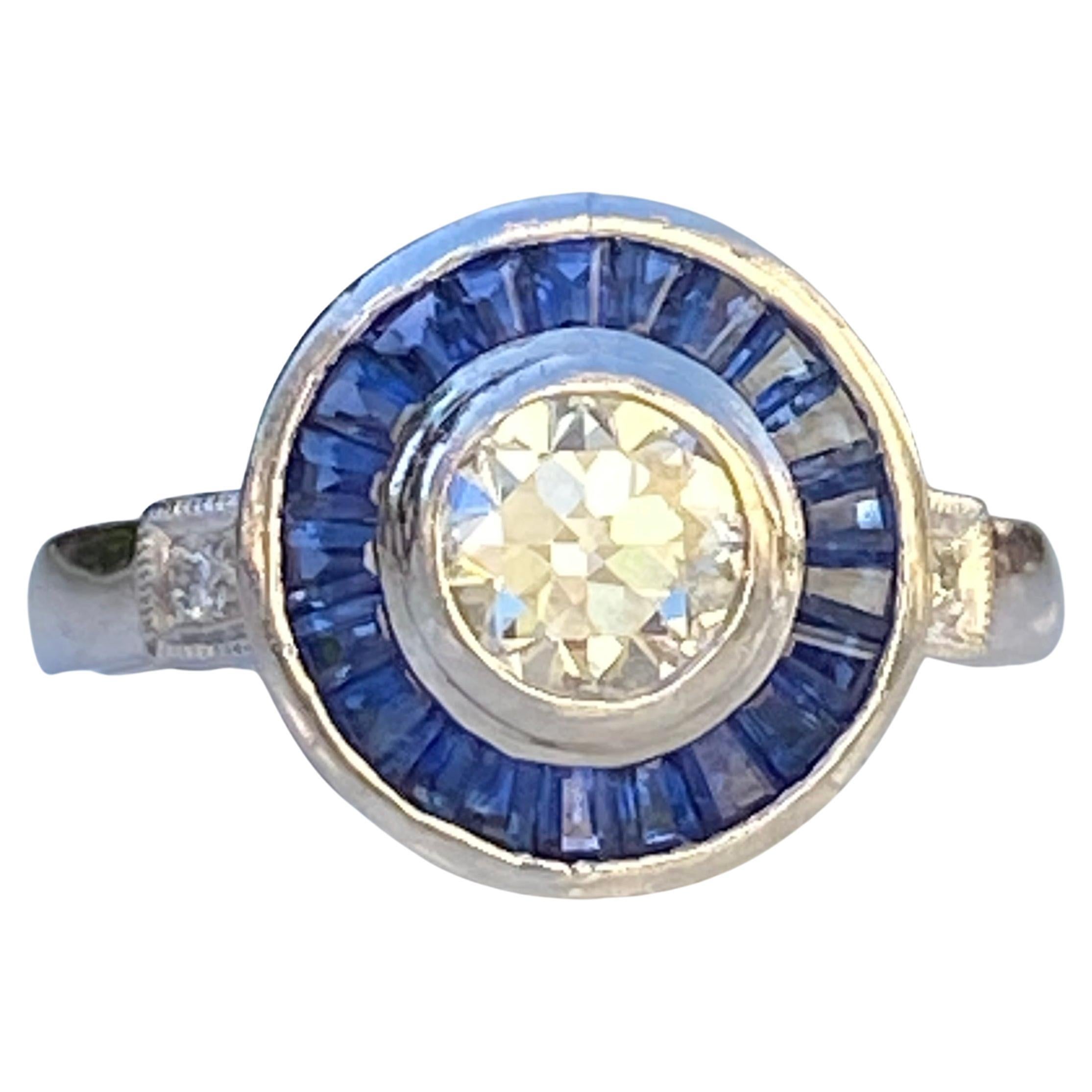 Art Deco Style Diamond & Sapphire .73 Carat Platinum Ring For Sale