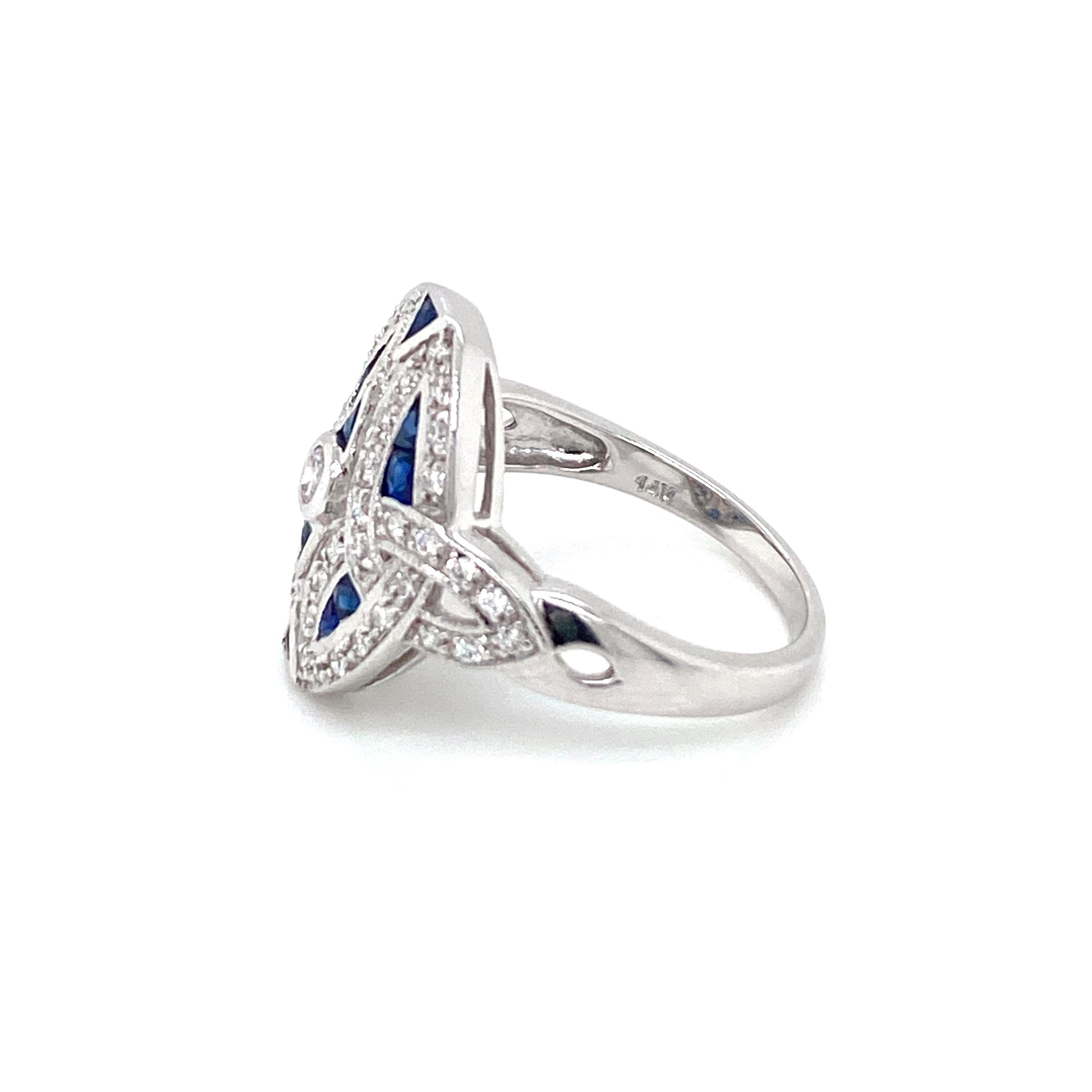 Art Deco Style Diamond Sapphire Cocktail Ring Estate Fine Jewelry 5