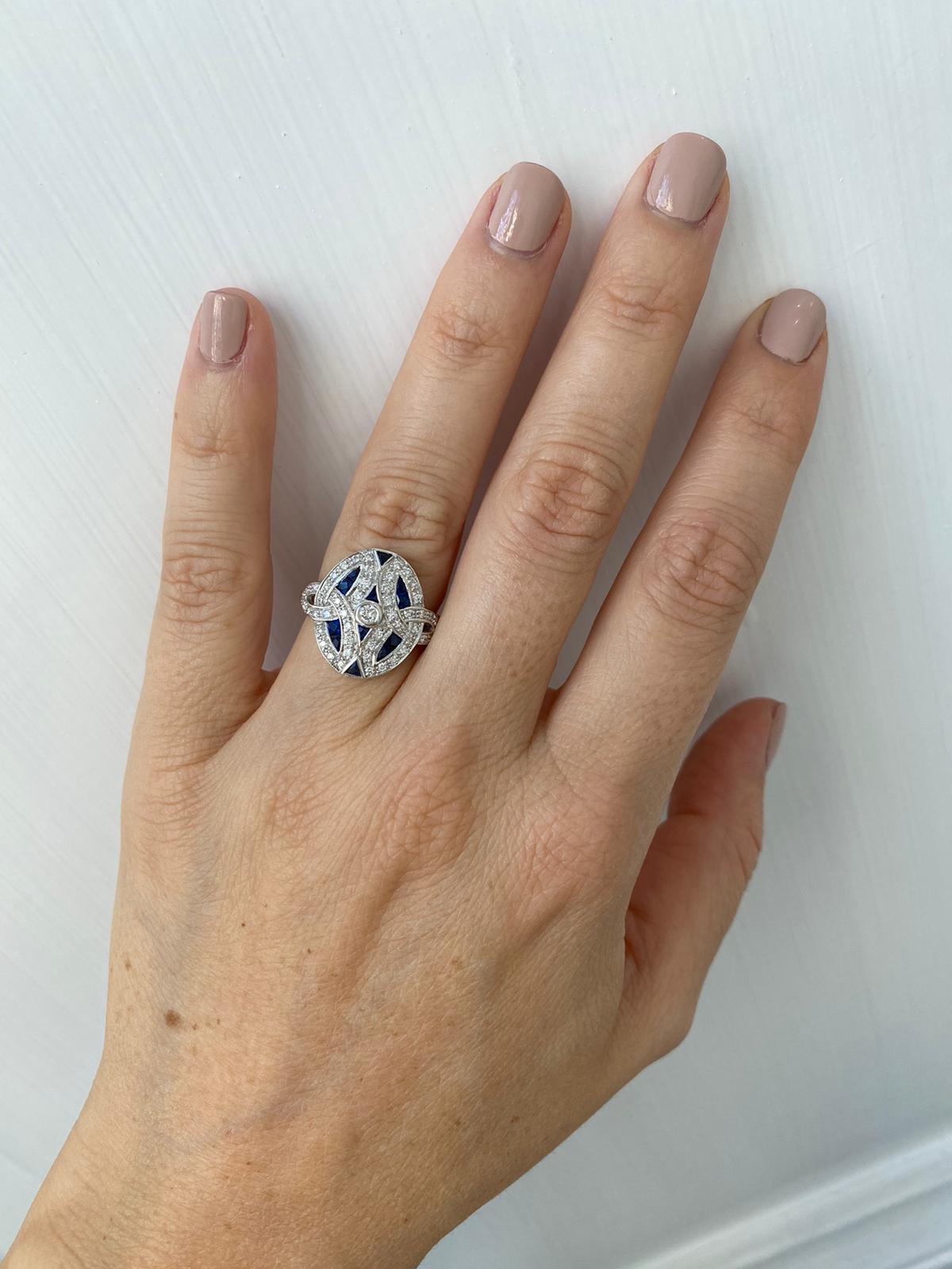 Art Deco Style Diamond Sapphire Cocktail Ring Estate Fine Jewelry 6