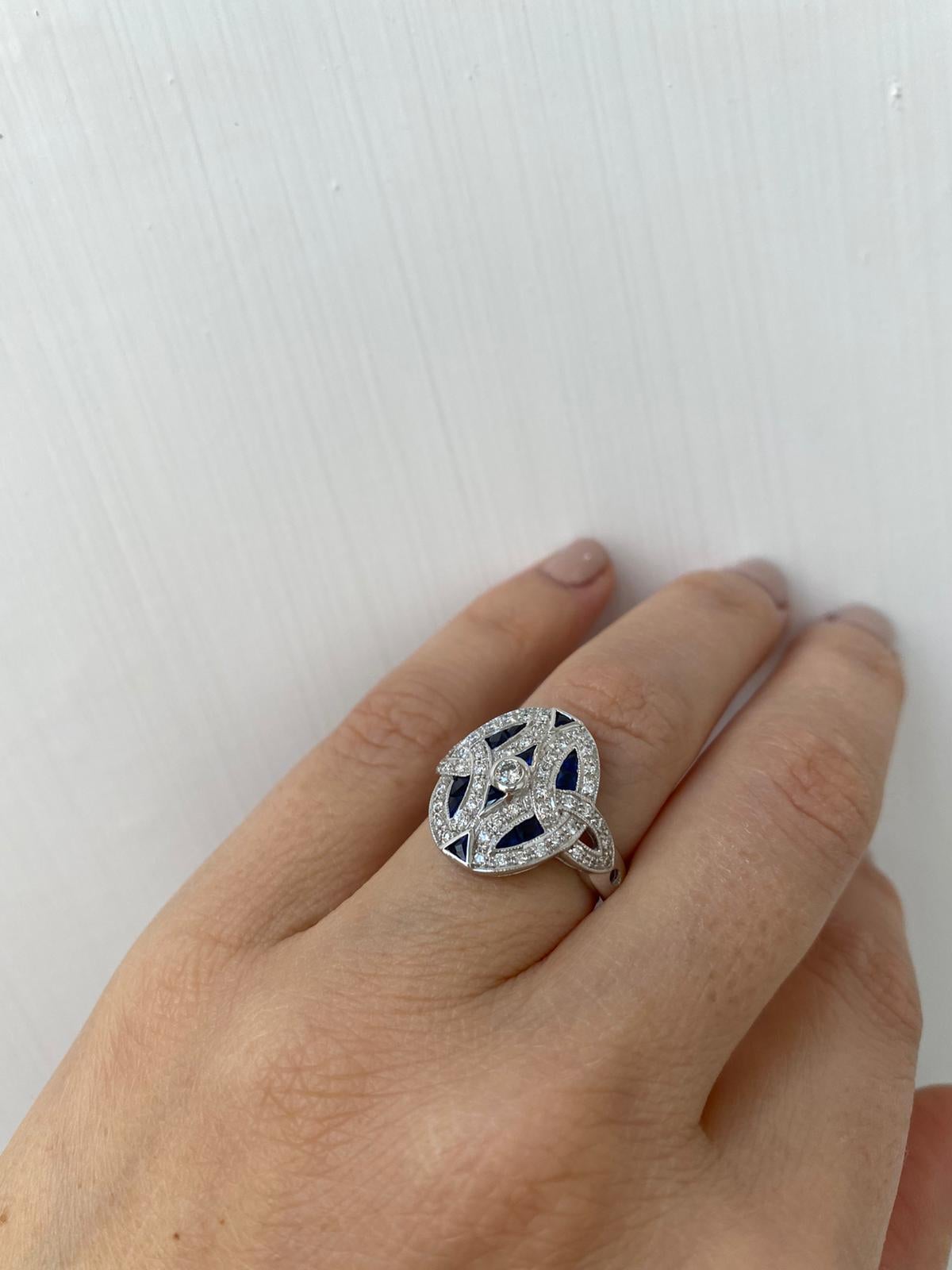 Art Deco Style Diamond Sapphire Cocktail Ring Estate Fine Jewelry 7