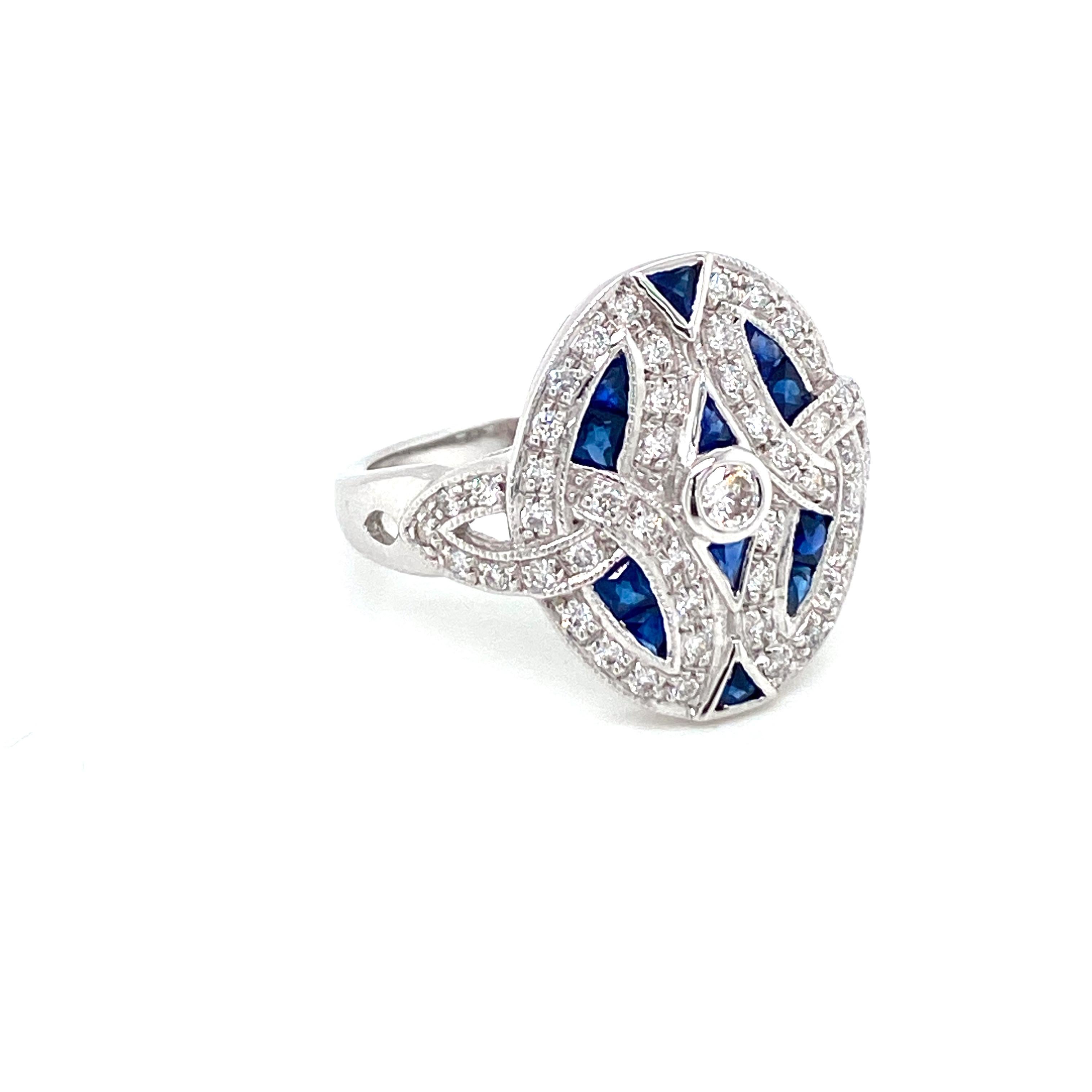 Mixed Cut Art Deco Style Diamond Sapphire Cocktail Ring Estate Fine Jewelry