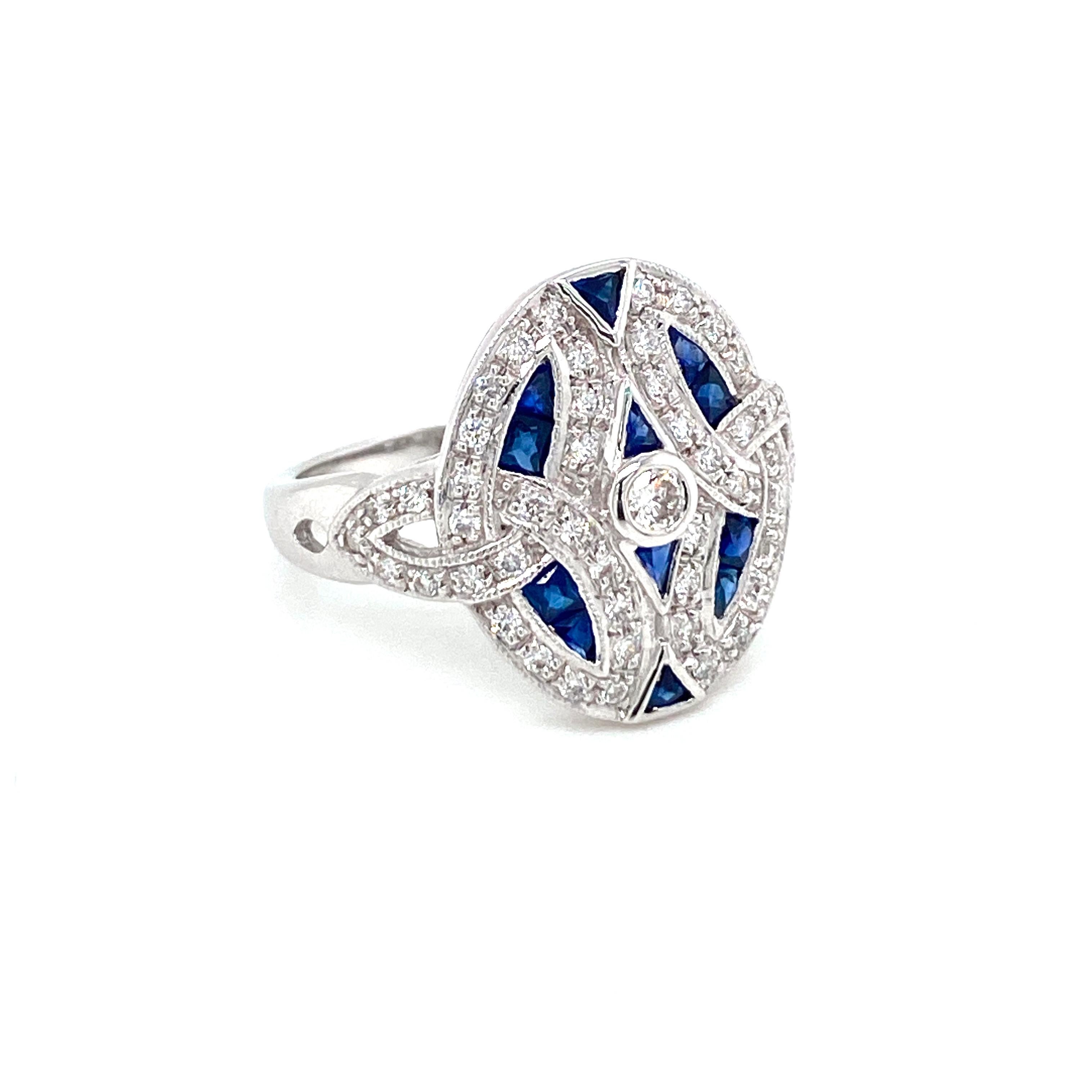 Art Deco Style Diamond Sapphire Cocktail Ring Estate Fine Jewelry In Excellent Condition In Napoli, Italy