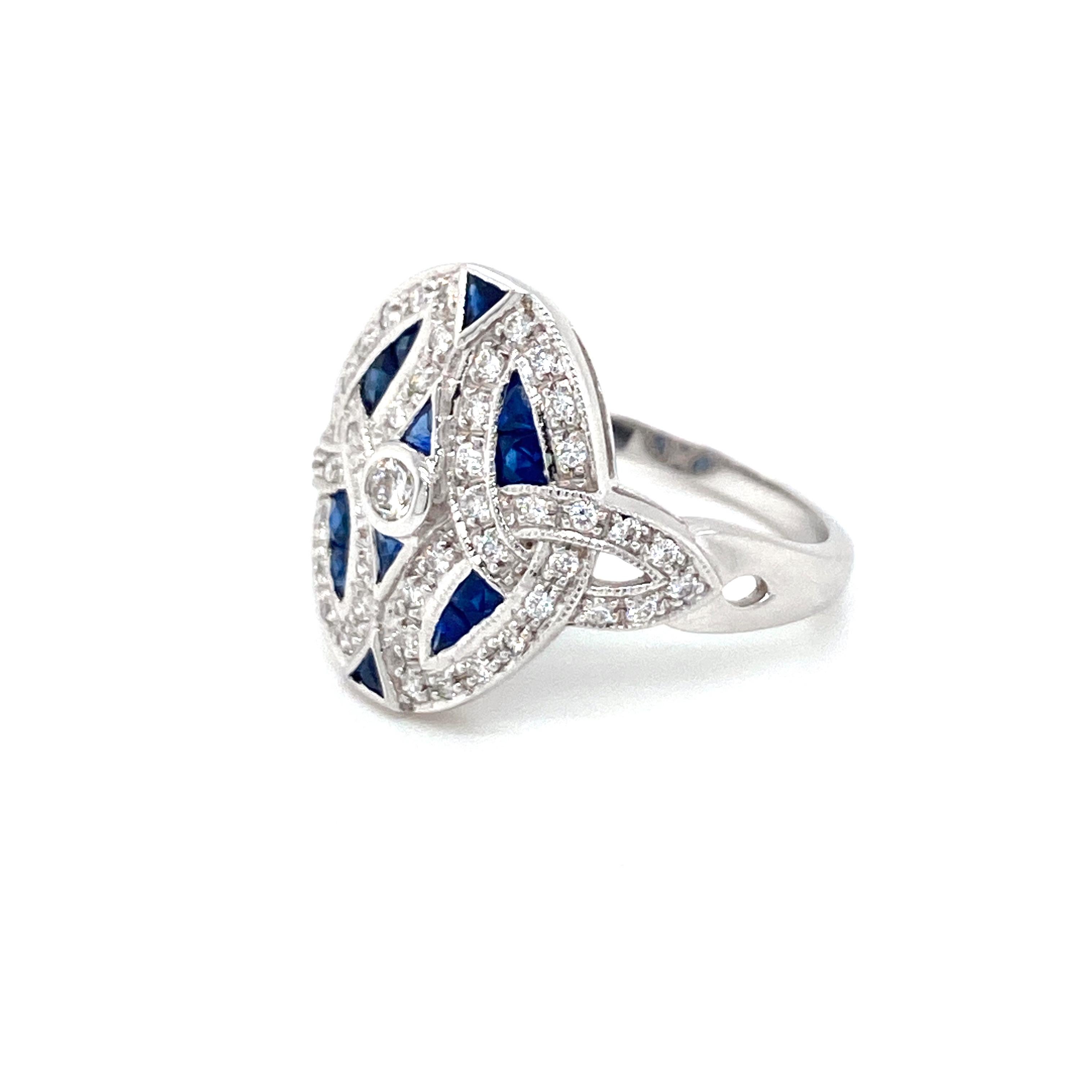 Women's or Men's Art Deco Style Diamond Sapphire Cocktail Ring Estate Fine Jewelry