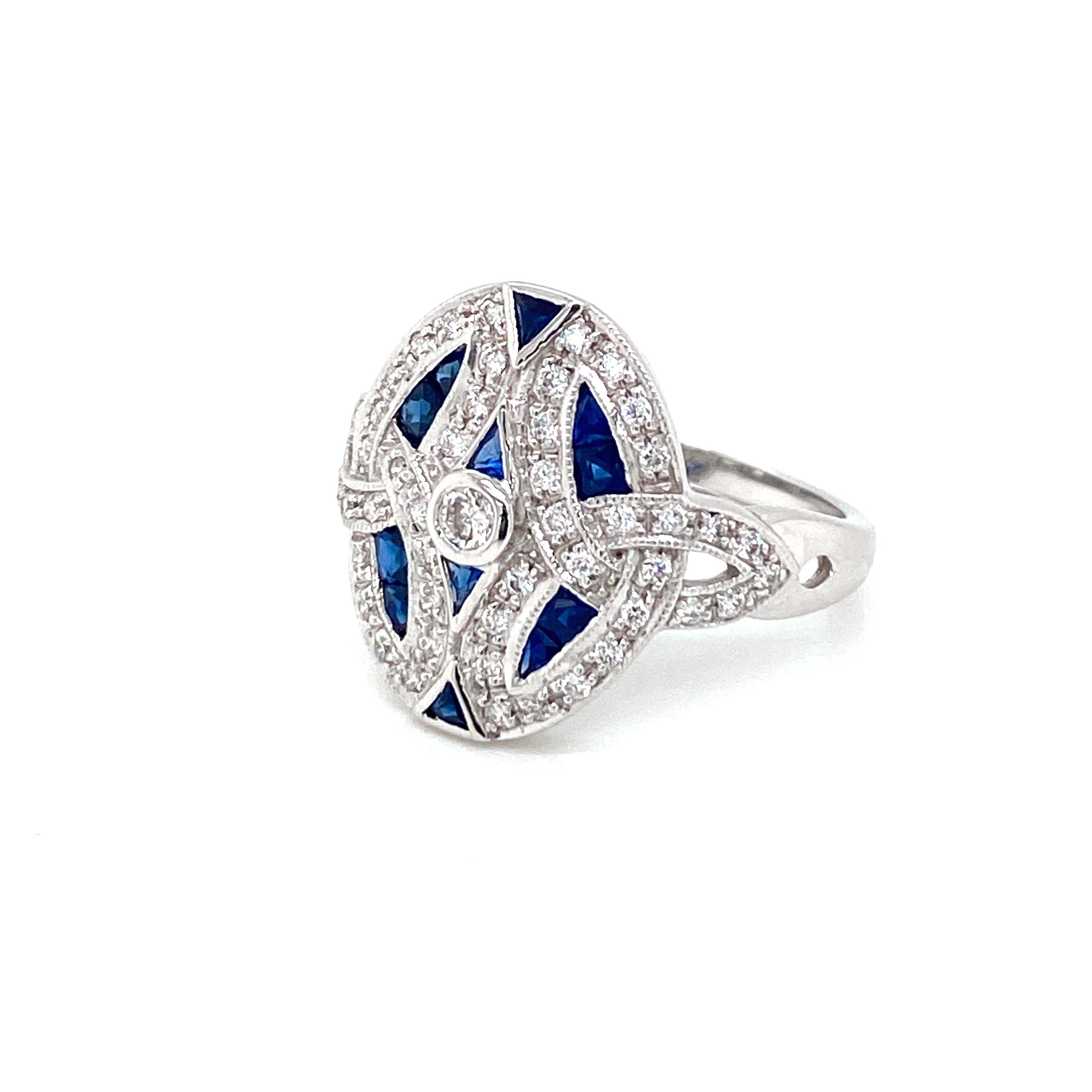 Art Deco Style Diamond Sapphire Cocktail Ring Estate Fine Jewelry 1