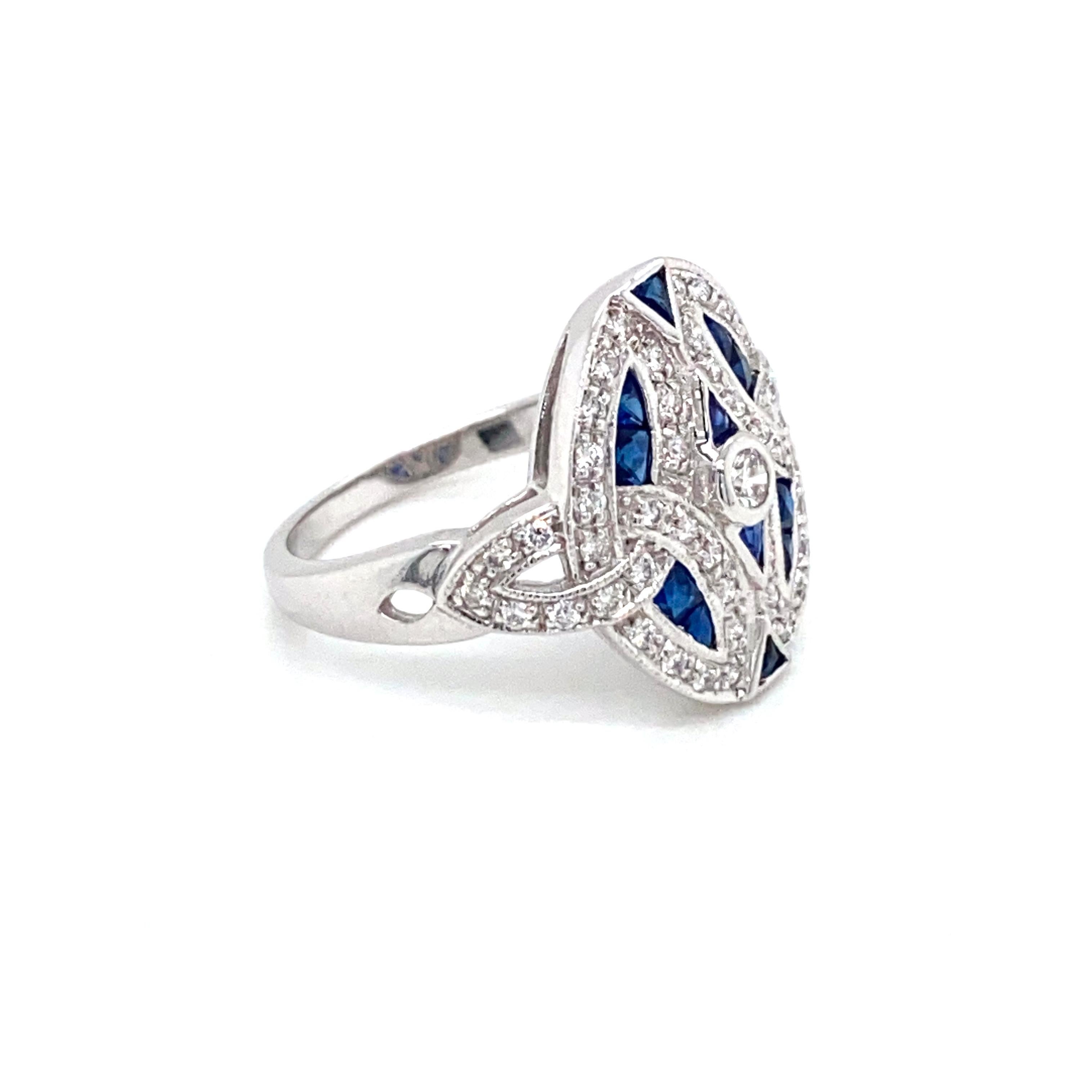 Art Deco Style Diamond Sapphire Cocktail Ring Estate Fine Jewelry 2
