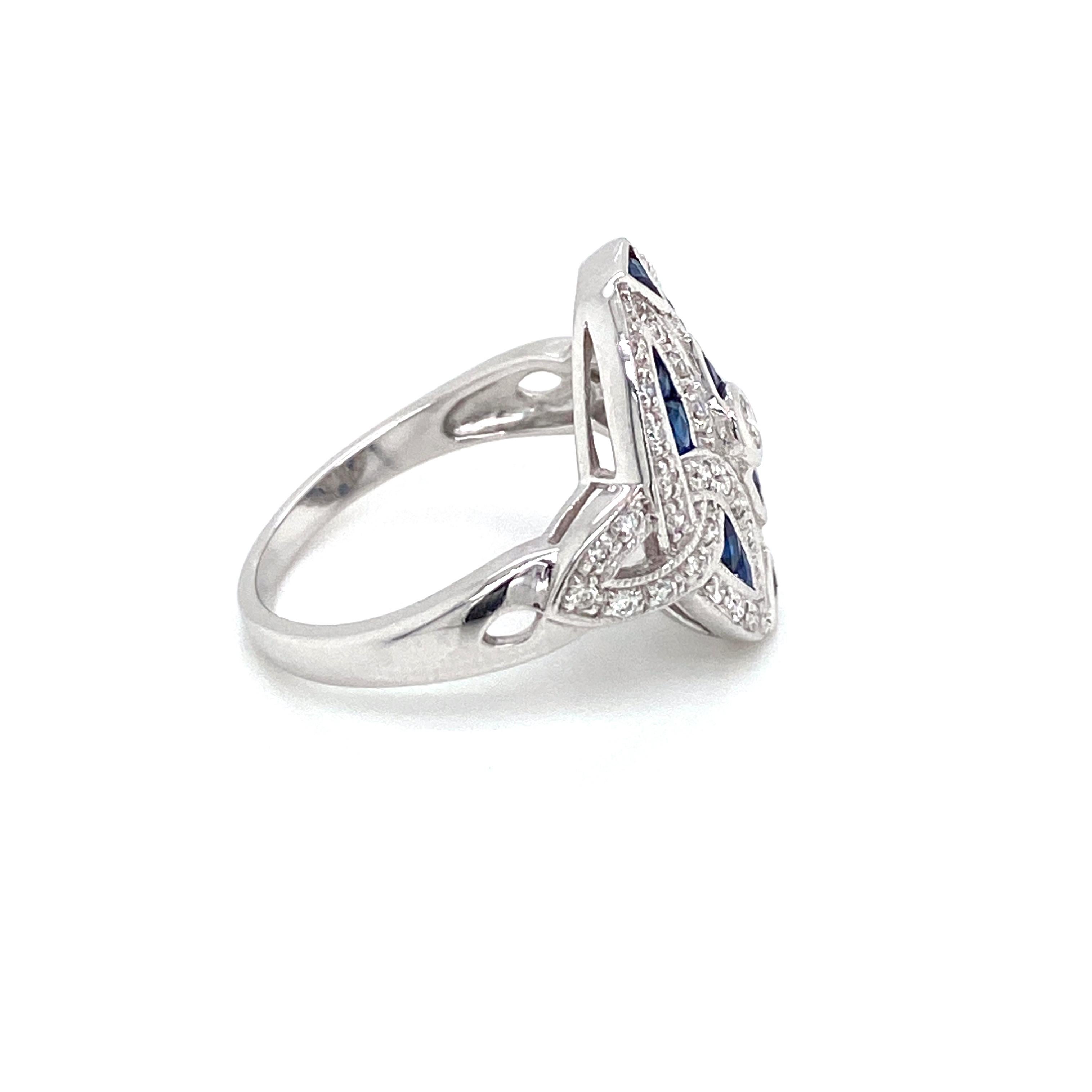 Art Deco Style Diamond Sapphire Cocktail Ring Estate Fine Jewelry 3