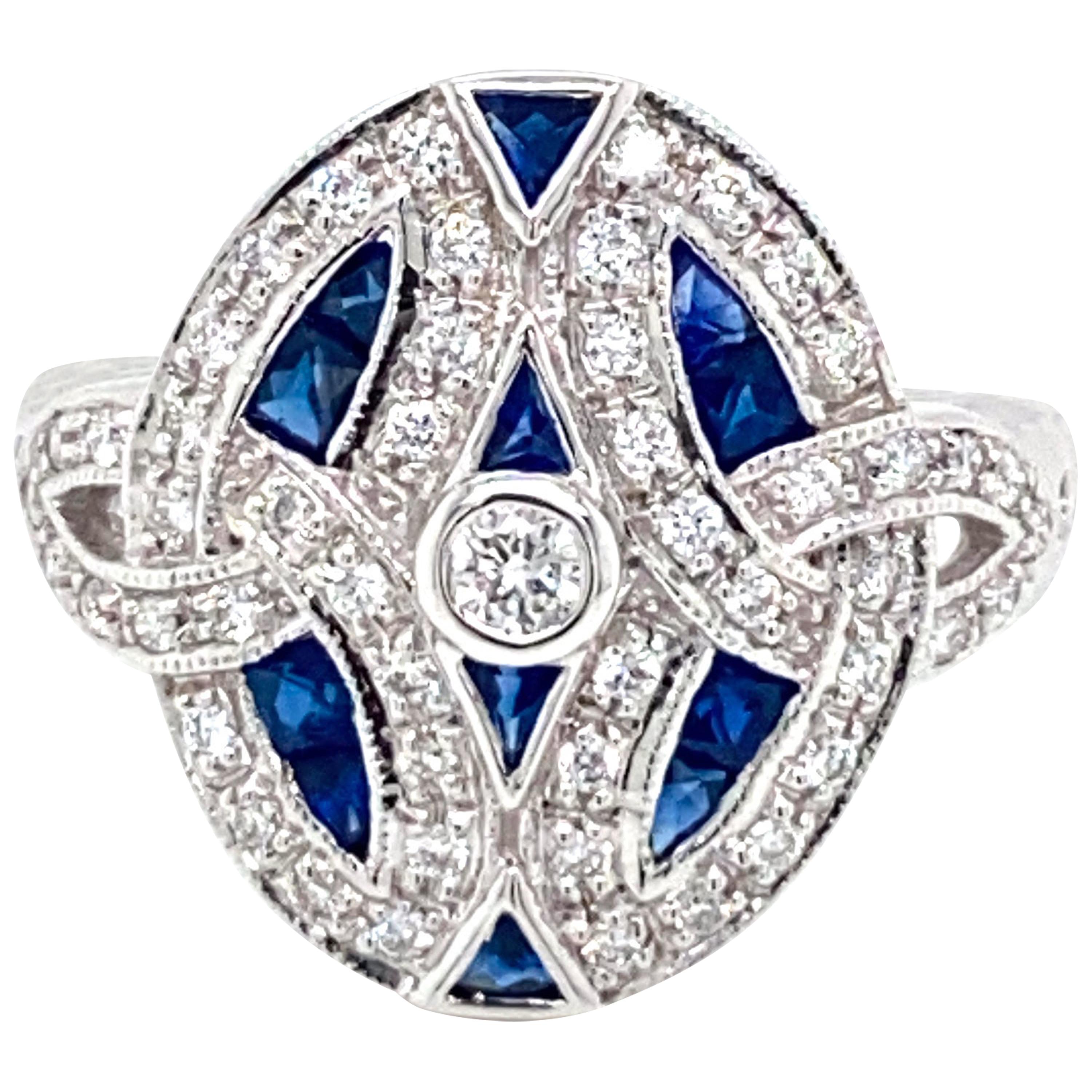 Art Deco Style Diamond Sapphire Cocktail Ring Estate Fine Jewelry