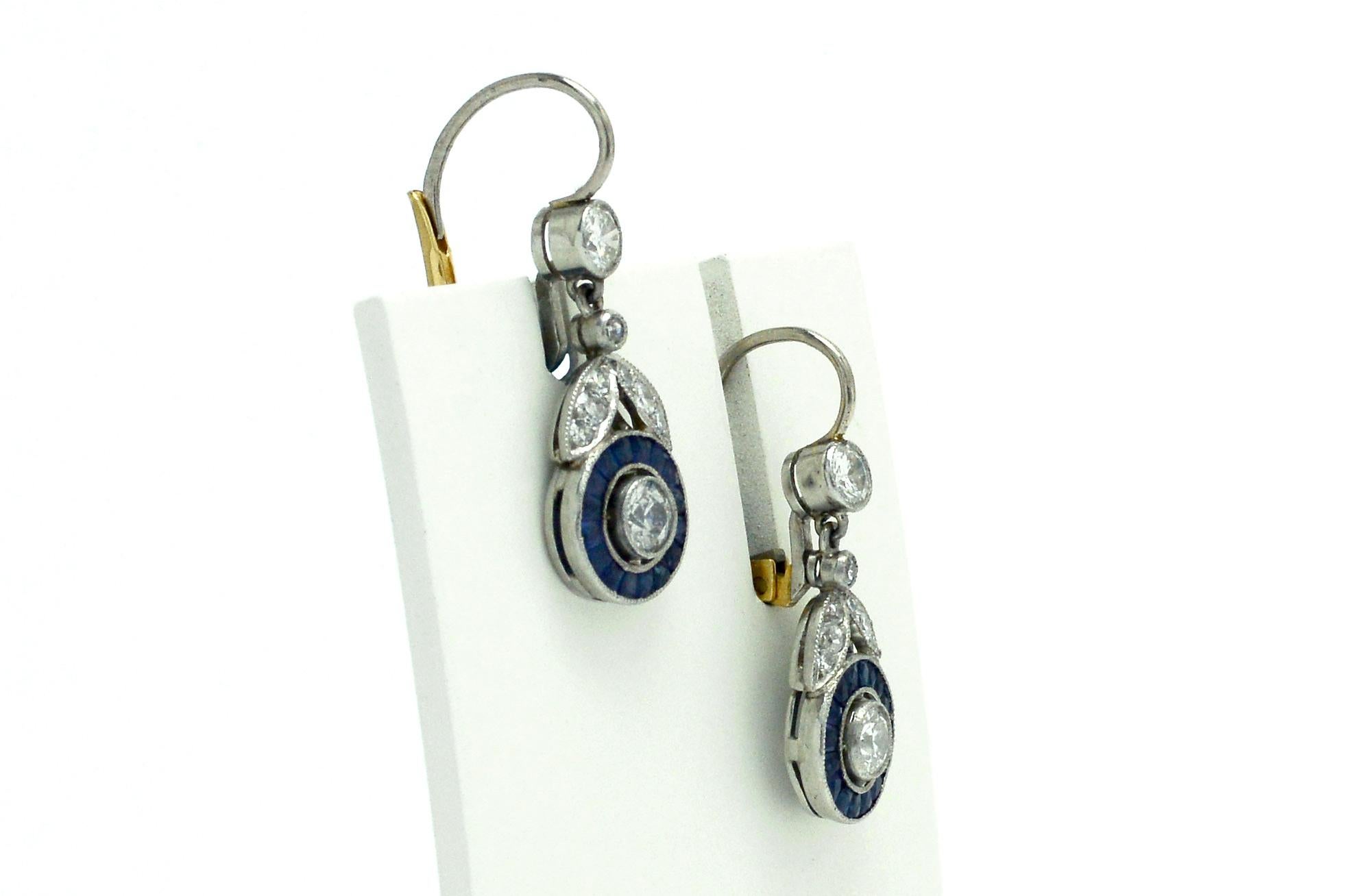 Art Deco Style Diamond Sapphire Drop Earrings Platinum Dangle Lever Back In Good Condition In Santa Barbara, CA
