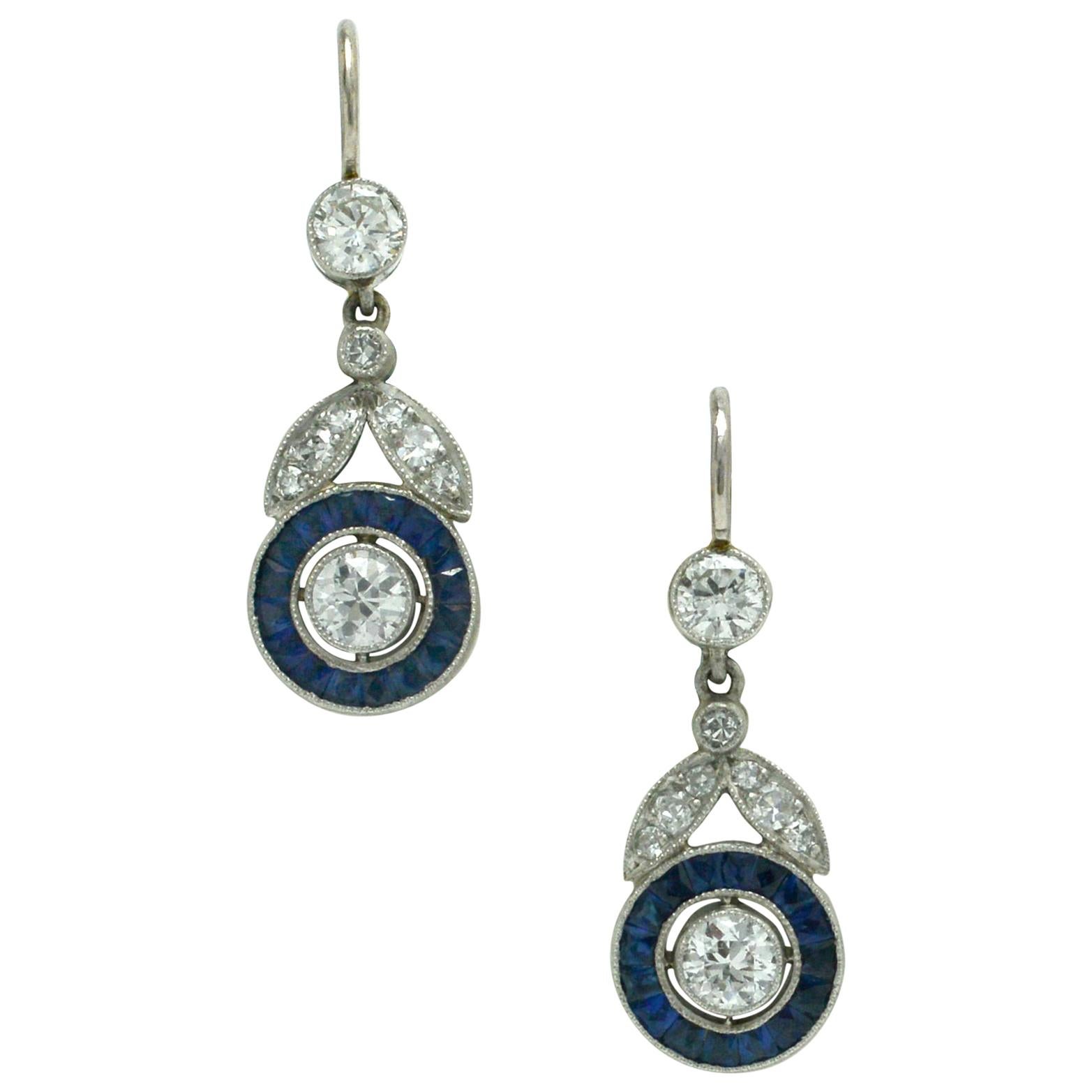 Art Deco Style Diamond Sapphire Drop Earrings Platinum Dangle Lever Back