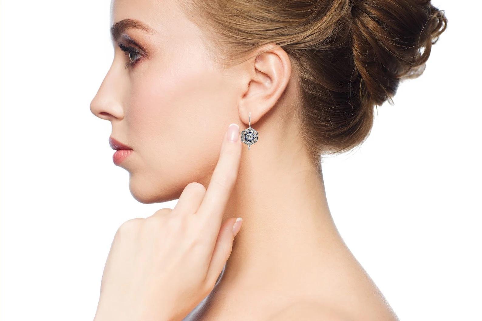 Women's Art Deco Style Diamond & Sapphire Flower Motif Earrings in 14K White Gold For Sale
