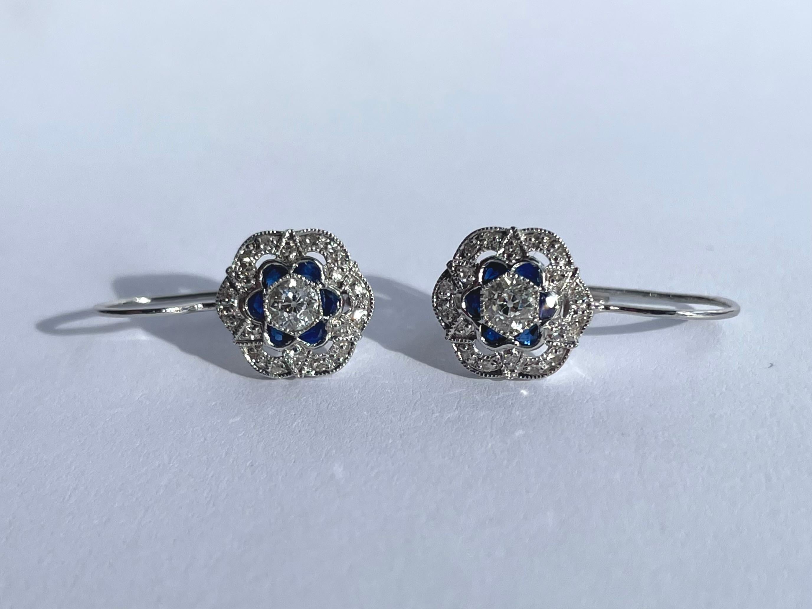 Round Cut Art Deco Style Diamond & Sapphire Flower Motif Earrings in 14K White Gold For Sale