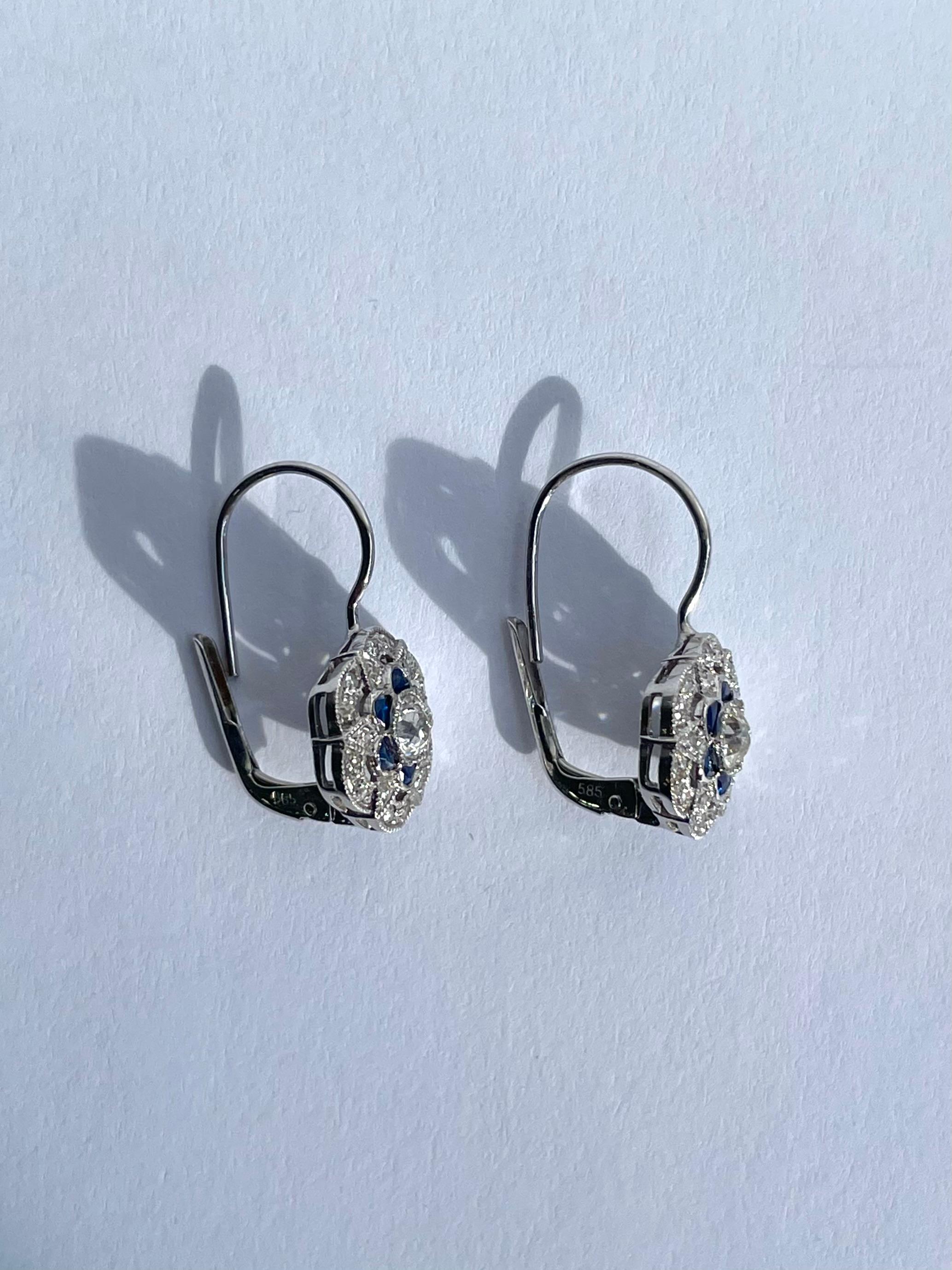Art Deco Style Diamond & Sapphire Flower Motif Earrings in 14K White Gold In Good Condition For Sale In Boston, MA