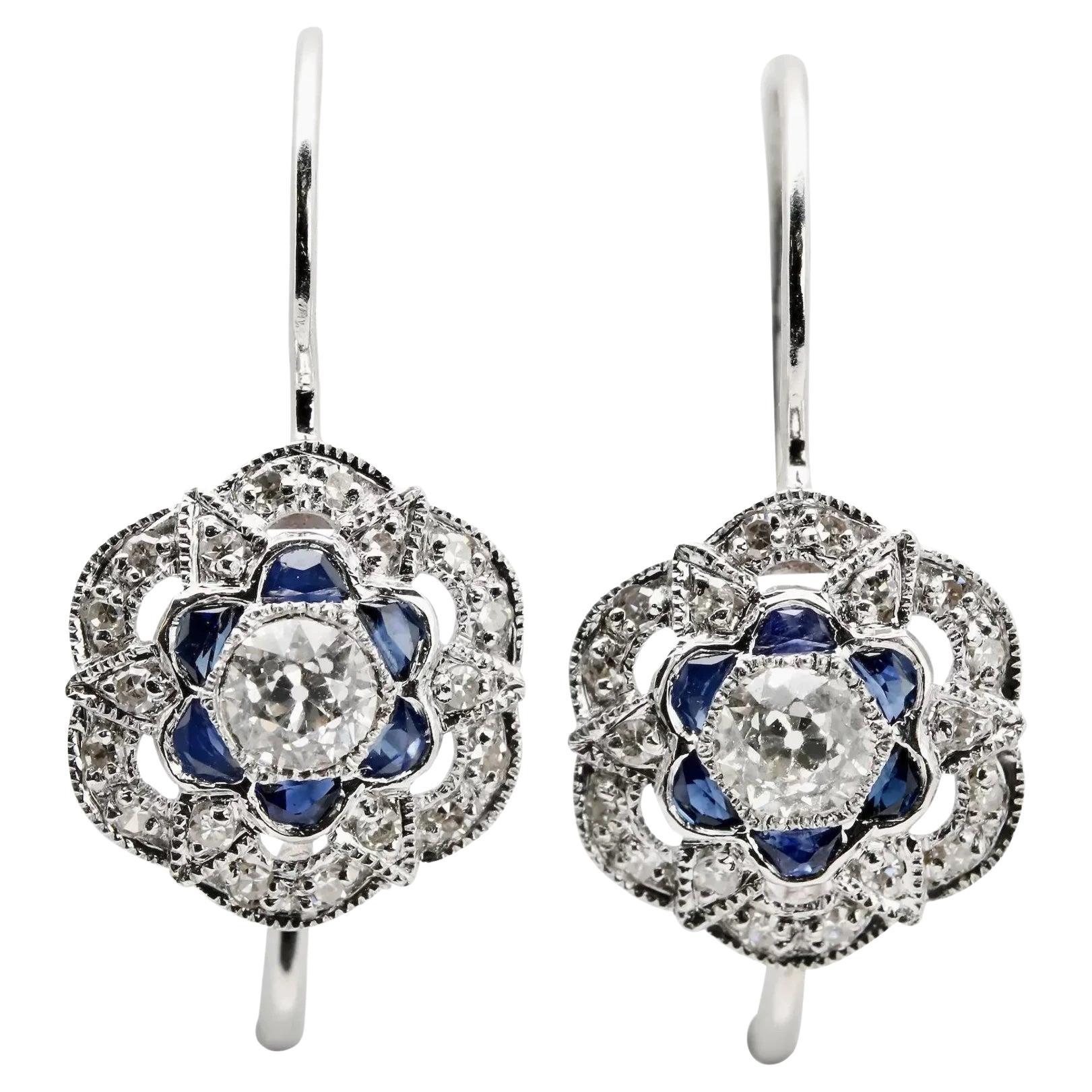 Art Deco Style Diamond & Sapphire Flower Motif Earrings in 14K White Gold