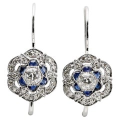 Vintage Art Deco Style Diamond & Sapphire Flower Motif Earrings in 14K White Gold