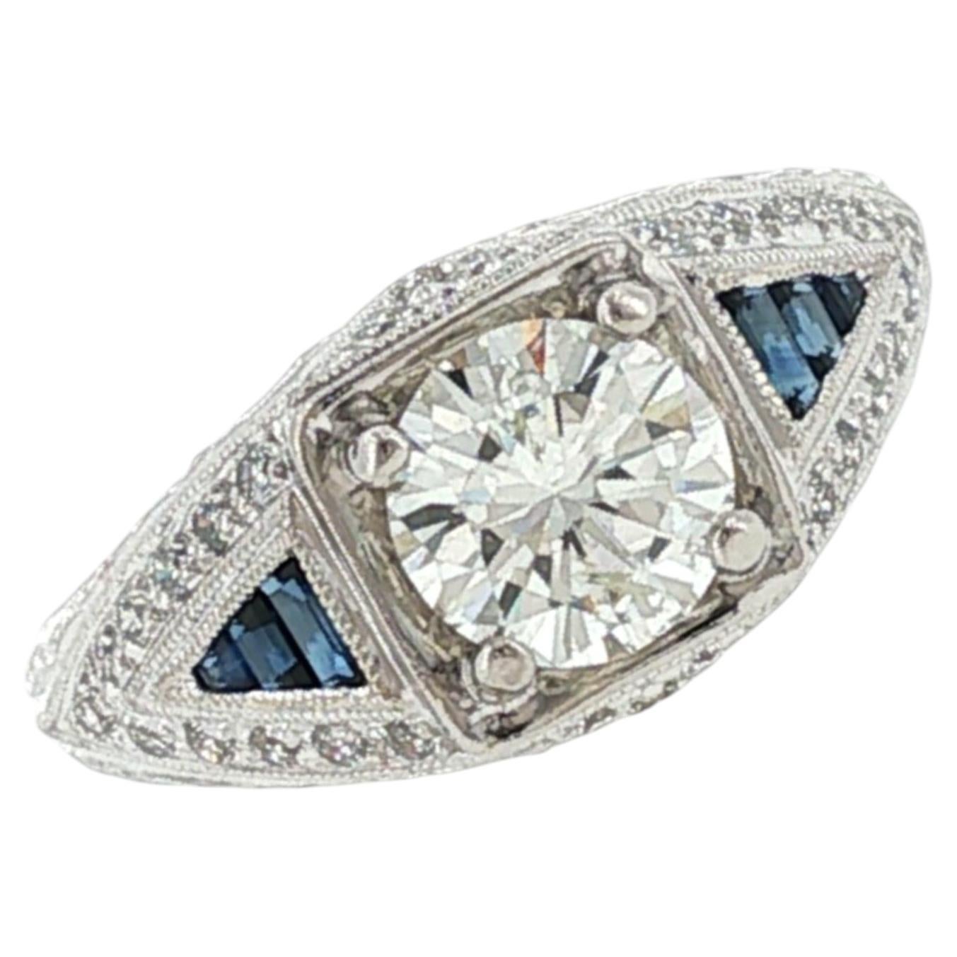 Verlobungsring im Art-Déco-Stil mit Diamanten und Saphiren aus Platin