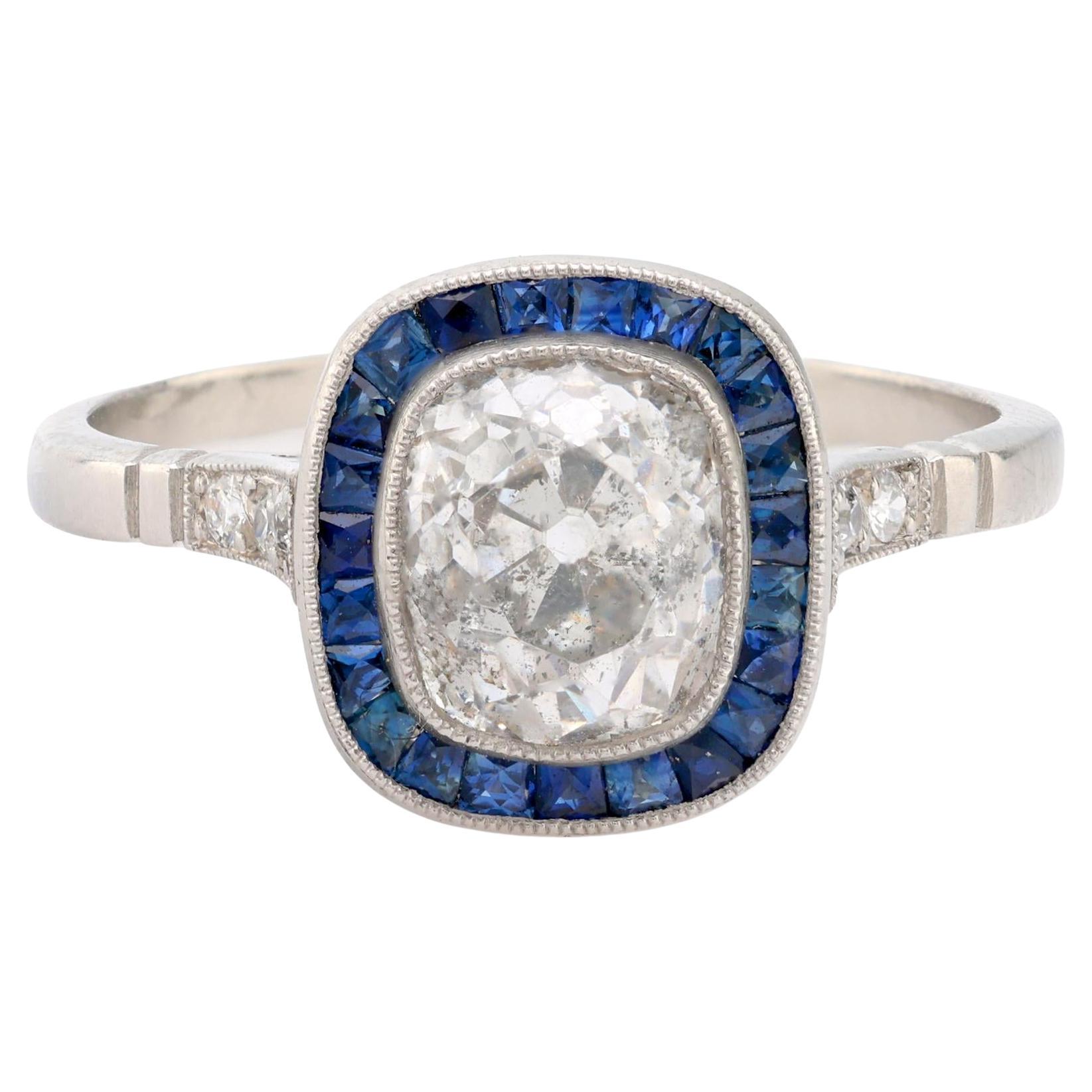 Art Deco style diamond sapphire platinum halo ring