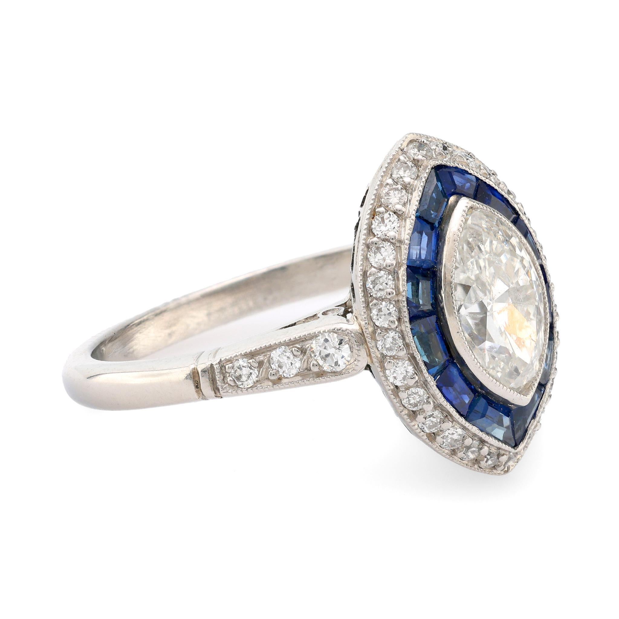 Marquise Cut Art Deco style diamond sapphire platinum navette ring For Sale