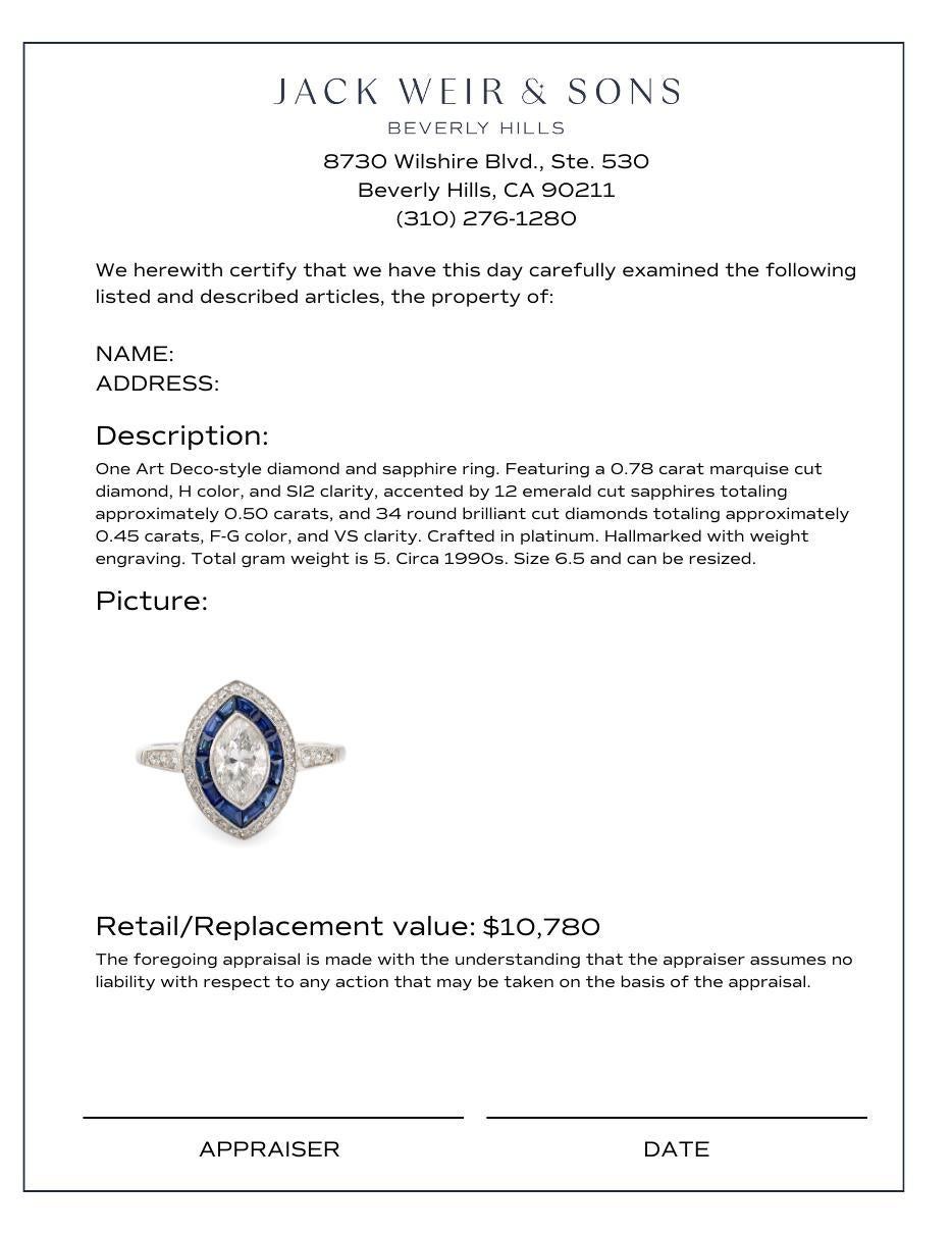 Women's or Men's Art Deco style diamond sapphire platinum navette ring For Sale