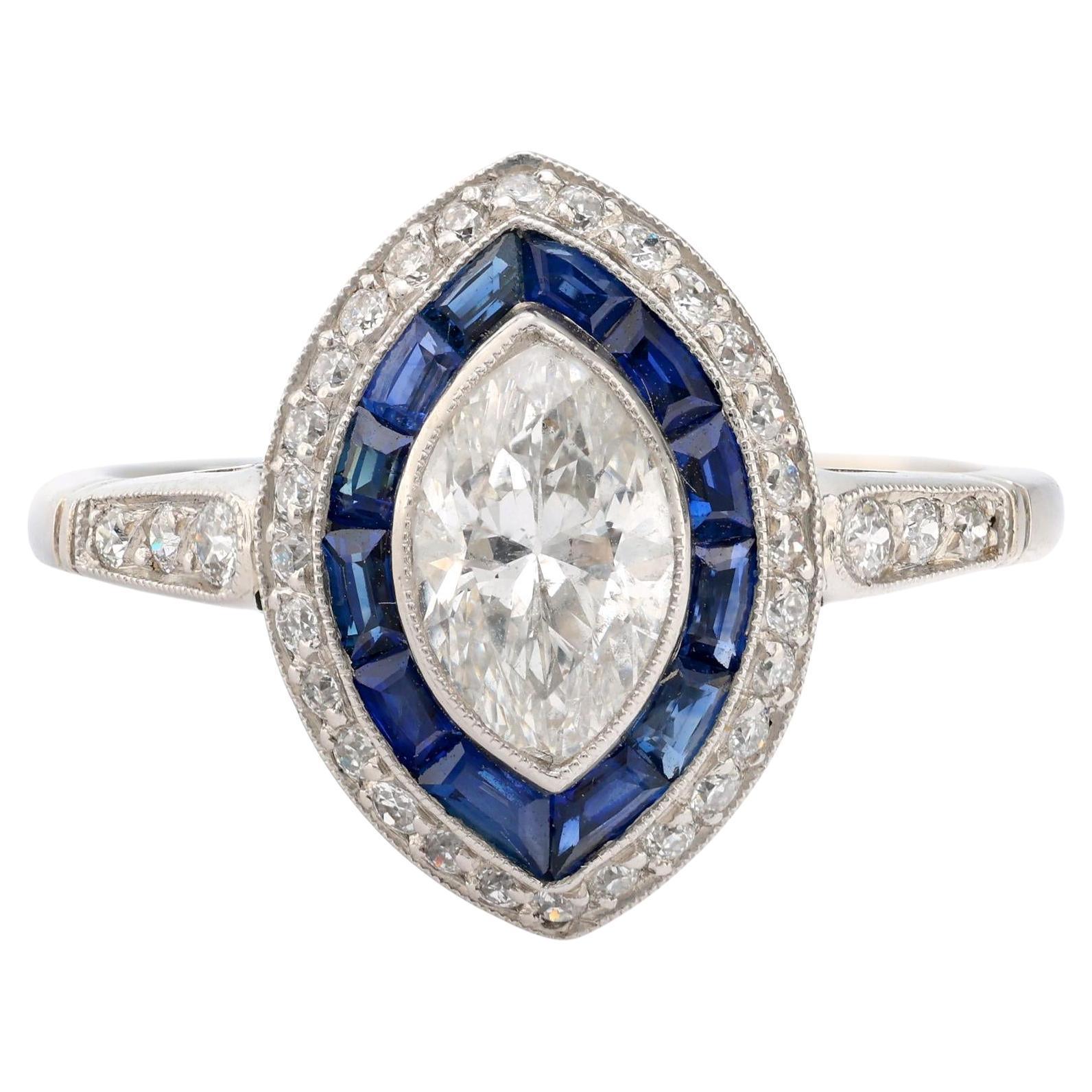 Art Deco style diamond sapphire platinum navette ring