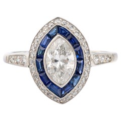 Art Deco style diamond sapphire platinum navette ring
