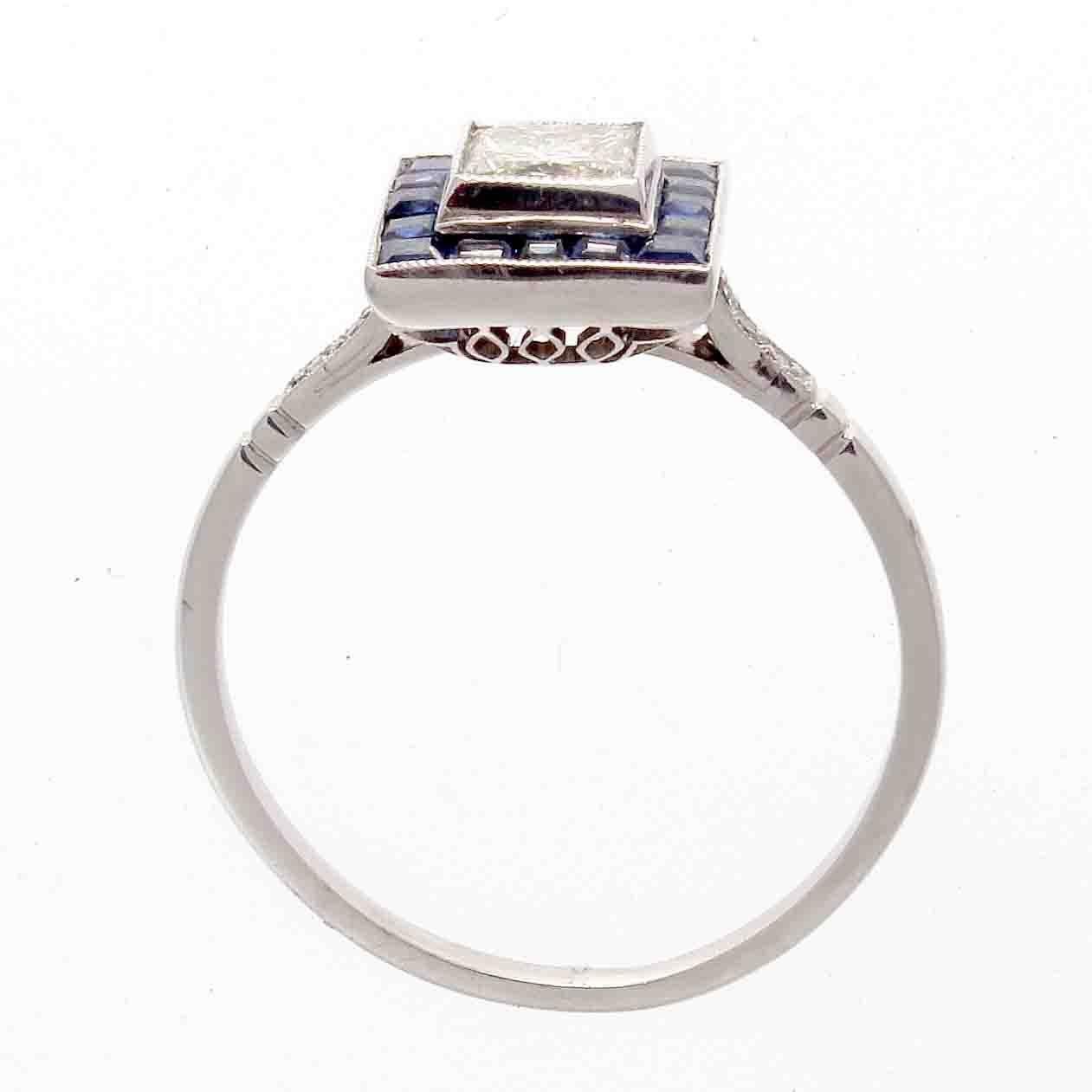 Art Deco Style Diamond Sapphire Platinum Ring In Excellent Condition In Beverly Hills, CA