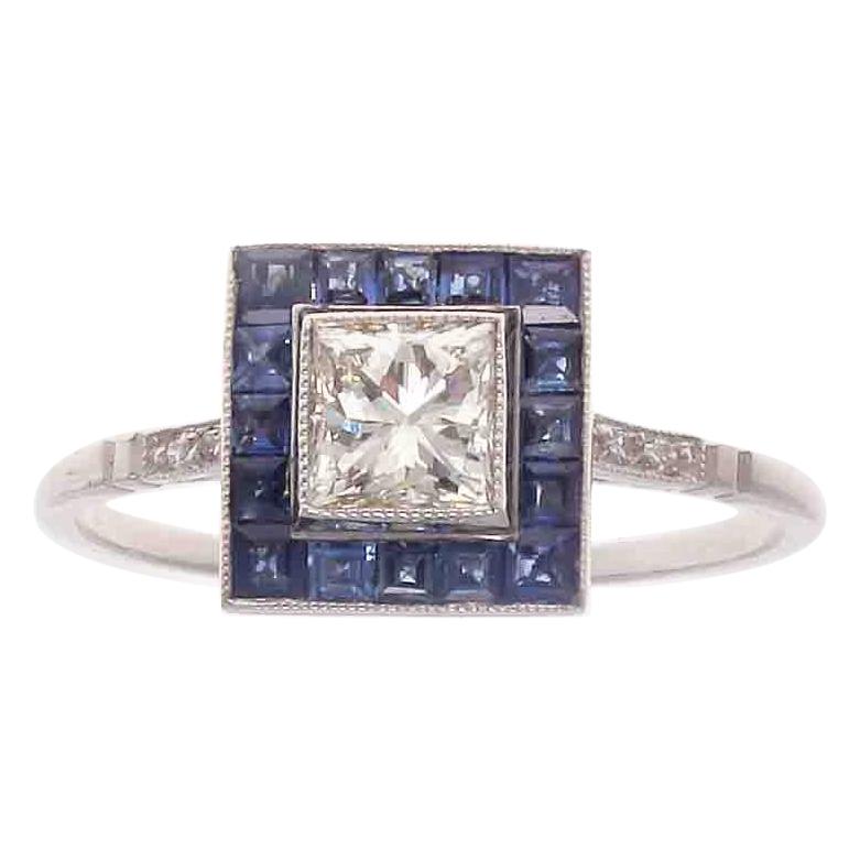 Art Deco Style Diamond Sapphire Platinum Ring