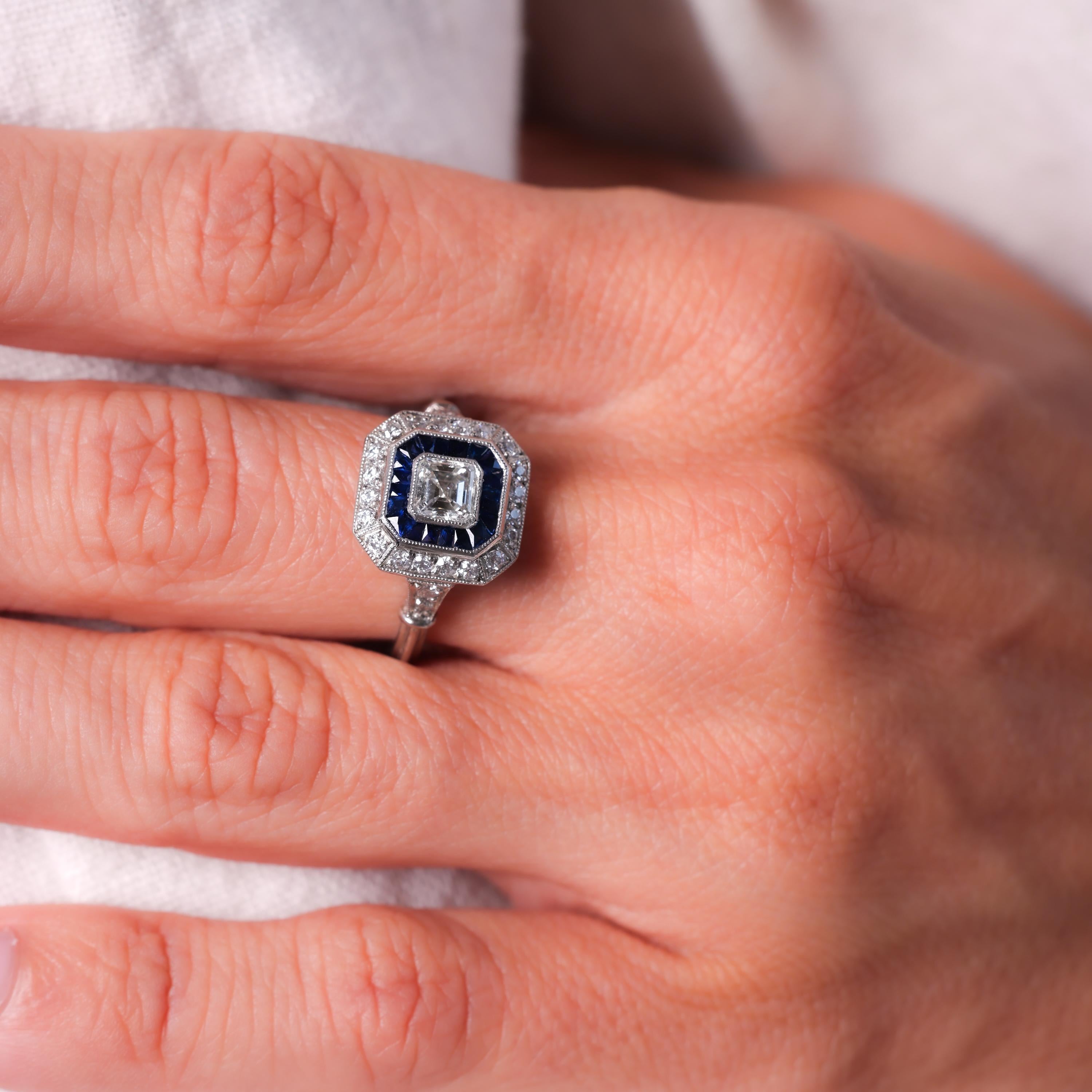 Art Deco Style Diamond Sapphire Platinum Square Halo Ring In Excellent Condition For Sale In Beverly Hills, CA