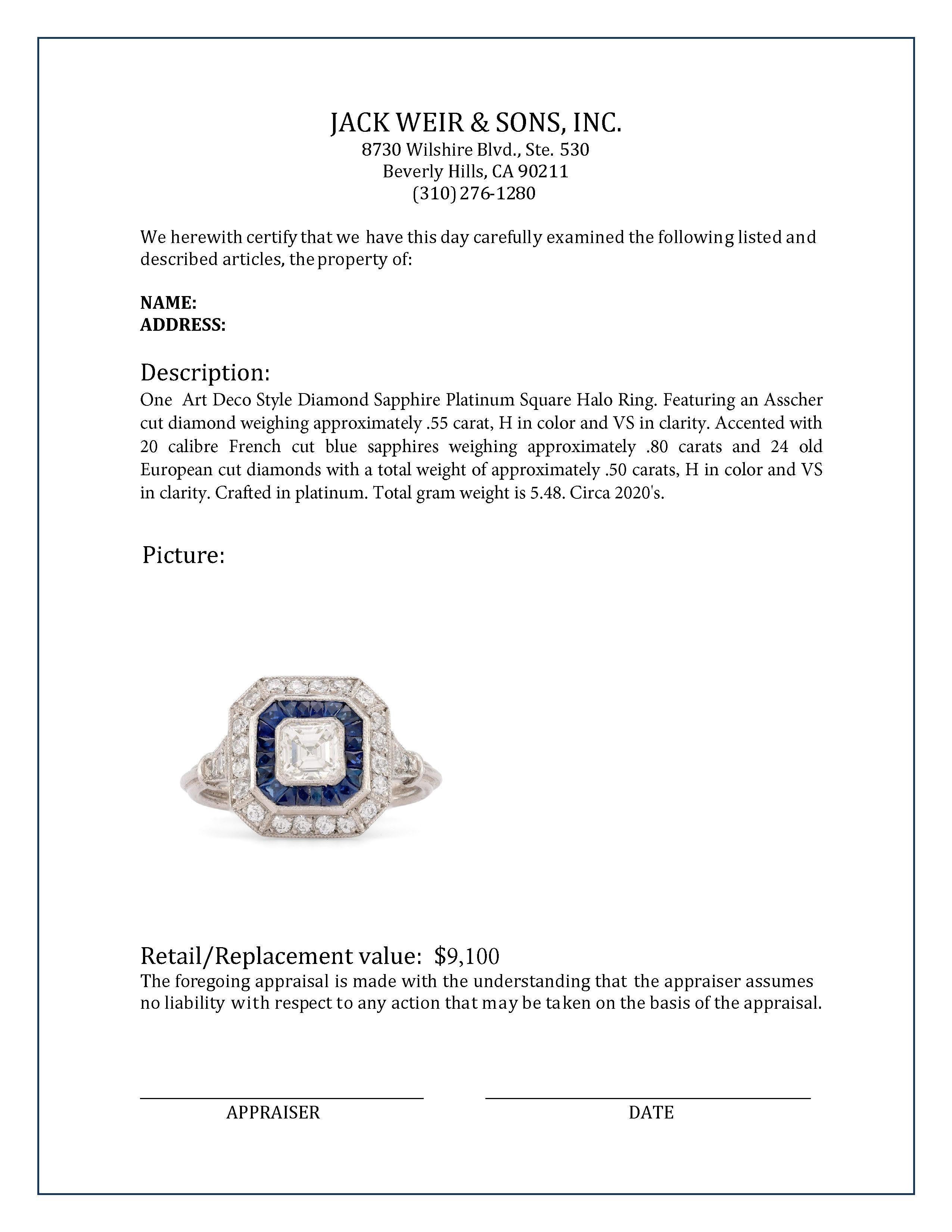 Women's or Men's Art Deco Style Diamond Sapphire Platinum Square Halo Ring For Sale