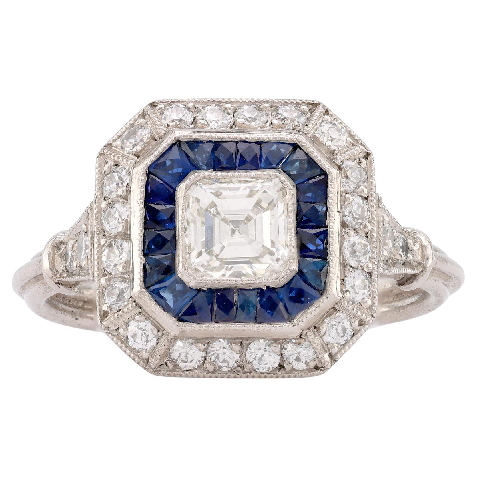 Art Deco Style Diamond Sapphire Platinum Square Halo Ring